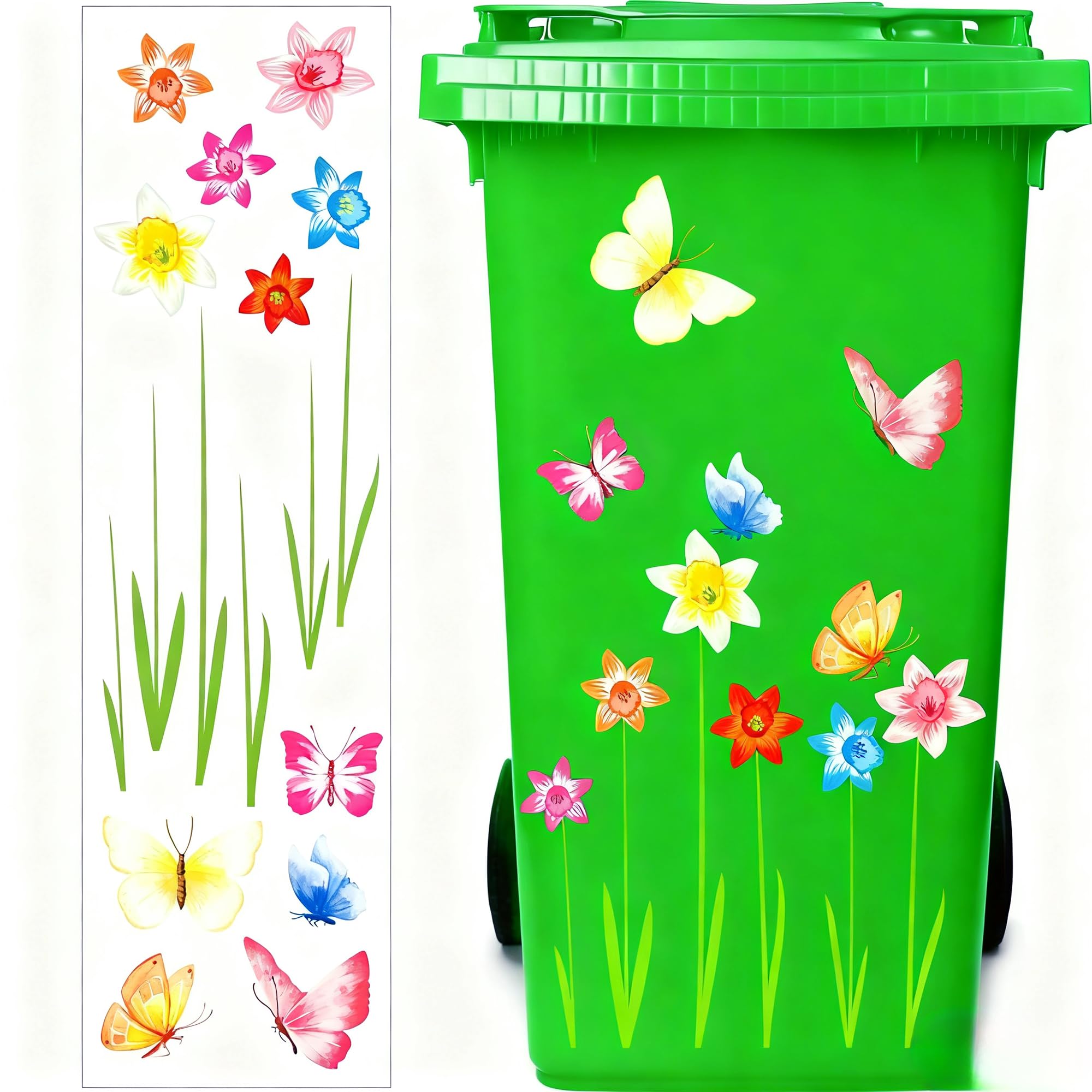 Dwuent Black Wheelie Bin Stickers, Flower & Butterfly Wall Stickers - | Vibrant Floral Decor For Indoor/Outdoor Spaces | Pvc Transparent Film 70Cm×20Cm, Ideal For Home, Office, Commercial Areas，70 X 20 Cm