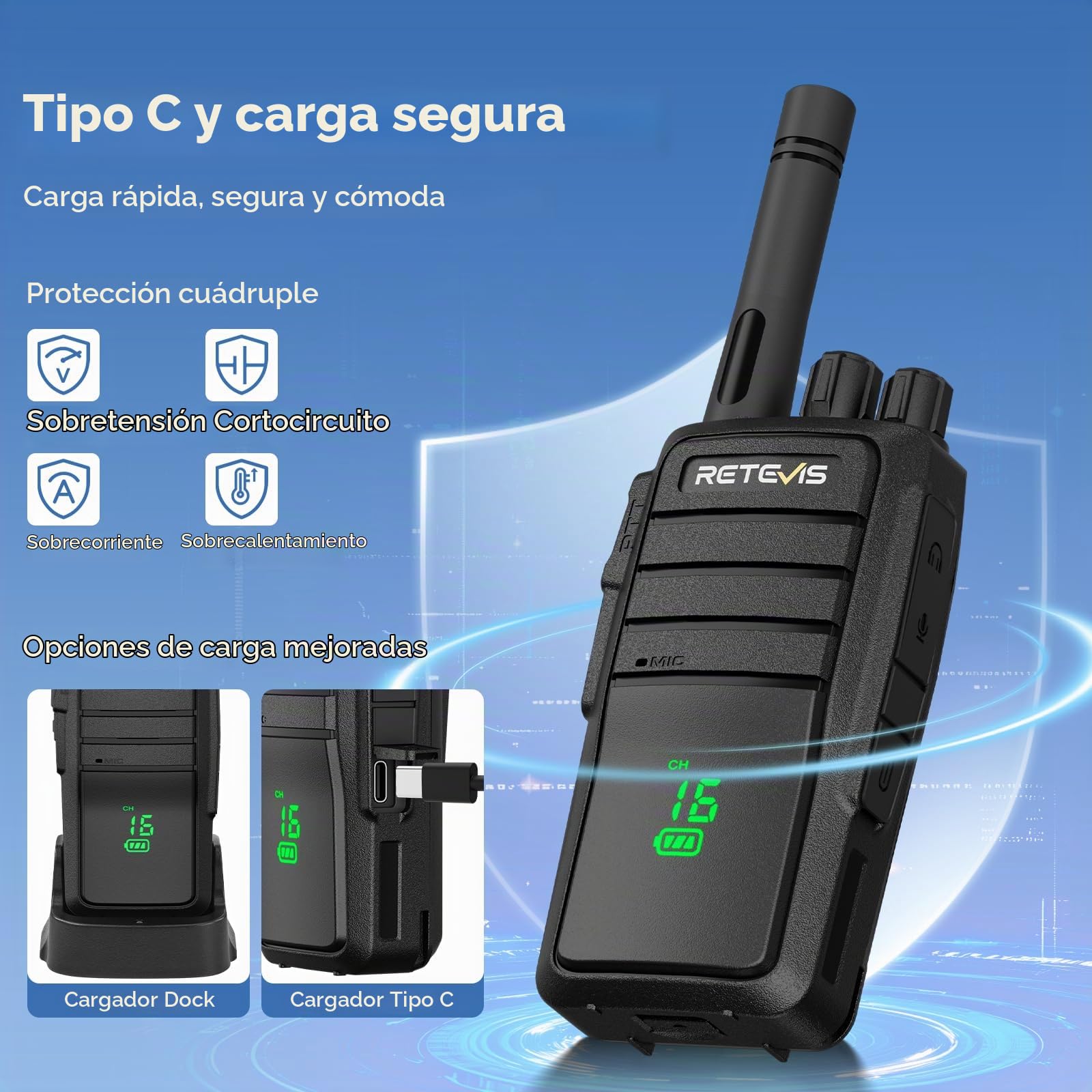 Retevis RT21H Walkie-Talkie para Adultos, sin Licencia, con Pantalla Oculta, IP54, Carga Tipo C, Alarma de Emergencia VOX, Radio Bidireccional para Senderismo, Camping y Escuela (2 Unidades, Negro)