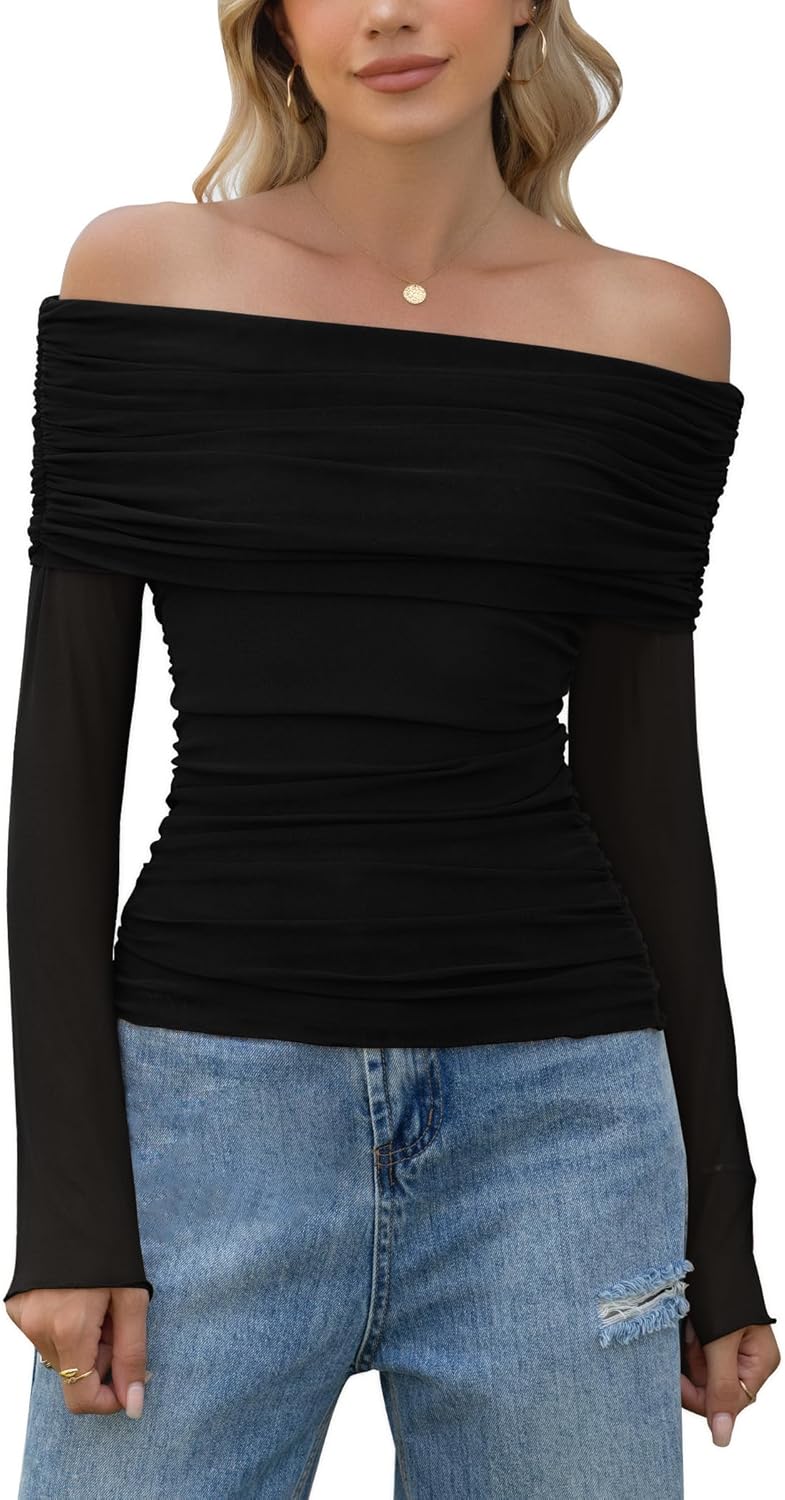 Long Sleeve Sexy Tops for Women Off The Shoulder Shirt Slim Going Out Ruched Fall Trendy Clothes - Image 8