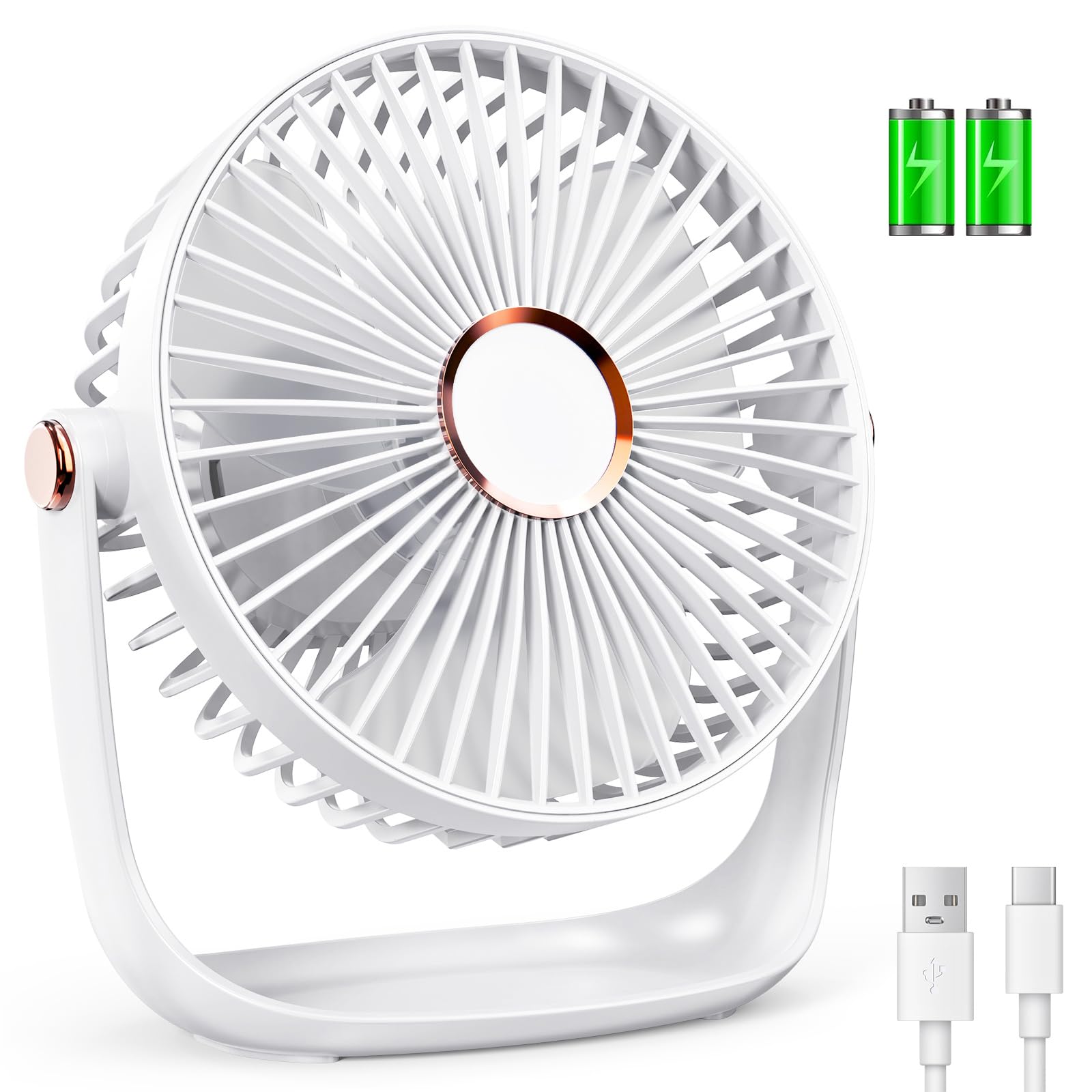 iNeibo Desk table fan,USB-type C 2400mAh Battery Powerful and Quiet Small Desk Fan,Dual 360° Adjustment Mini USB Fan, Rechargeable and Silent Operation for Home,Office,School and Outdoor(White)
