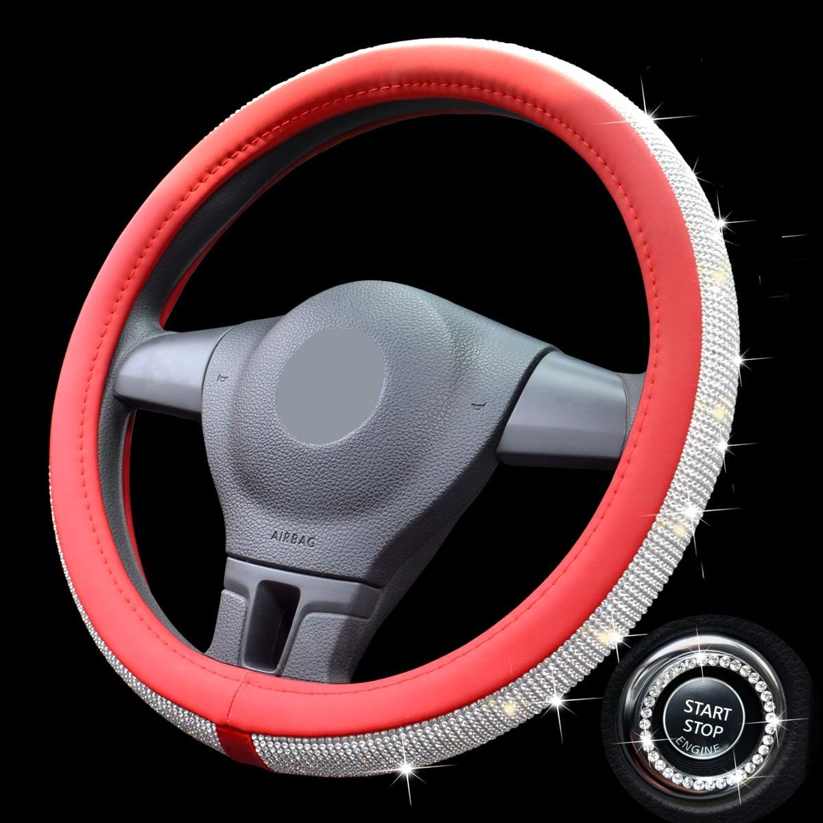 DIGITNOW Cute Rhinestones Bling Steering Wheel Cover for Women Girls, Universal 15inch Crystal Leather SUV Car Wheel Protector A (red Steering Wheel Cover)