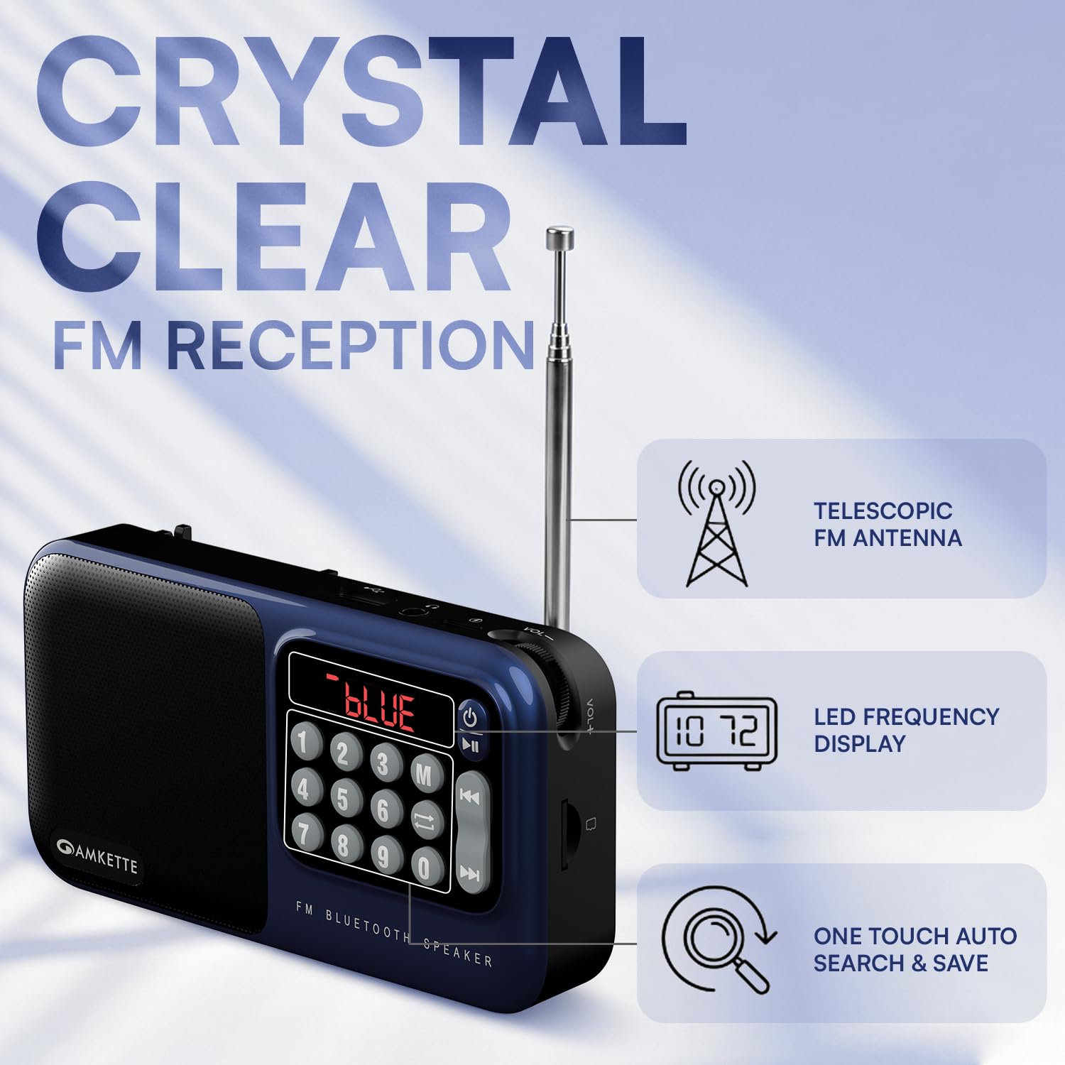 Amkette Pocket Mate Digital FM Radio with Bluetooth Speaker - Type C Charging, Antenna, Multiple Playback 8 Hours Playtime, and Number Pad (Headphone Jack, SD Card, USB Input) (Blue) 1