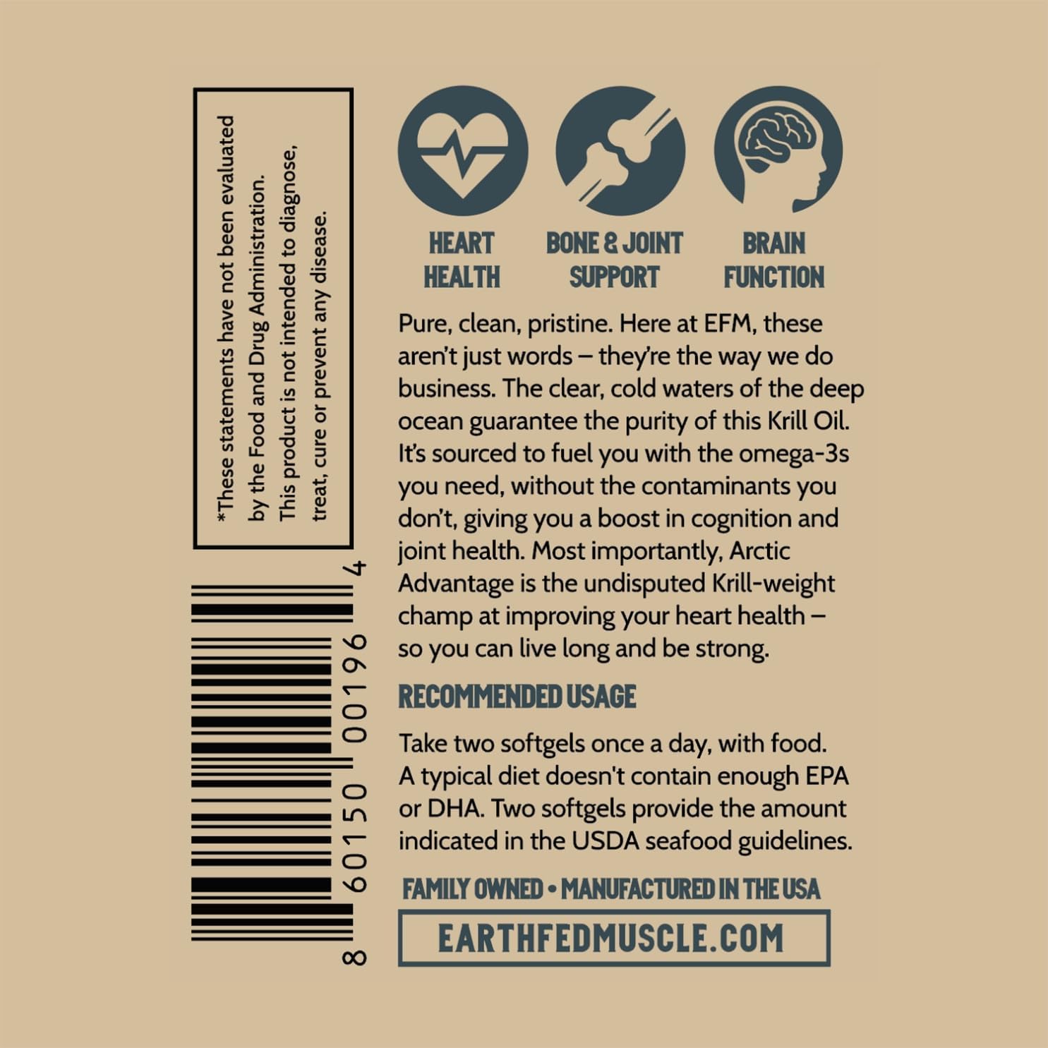 Earth Fed Muscle Arctic Advantage Krill Oil 500mg softgels, Omega-3 DHA & EPA for Heart, Brain, Eye & Joint Health Support, No Fishy Aftertaste, Non-GMO, Gluten-Free Antartic Krill Oil - 60 Capsules