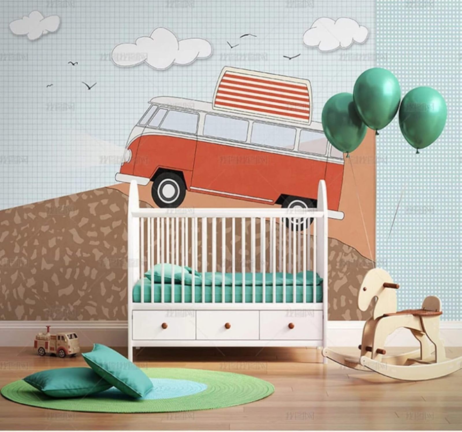 XLMING Cartoon Car Geometric White Clouds Birds in Flight 3D Wallpaper Luxury Home Dining Decor Paste Sofa Living Room The Wall for Bedroom Mural-250cm×170cm