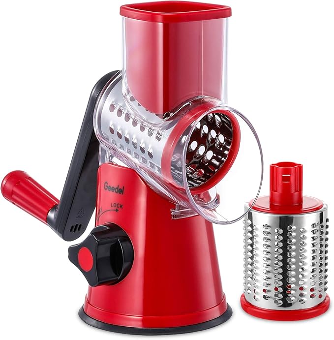 Geedel Rotary Cheese Grater, Kitchen Mandoline Vegetable Slicer with 3 Interchangeable Blades, Easy to Clean Rotary Grater Slicer for Fruit, Vegetables, Nuts