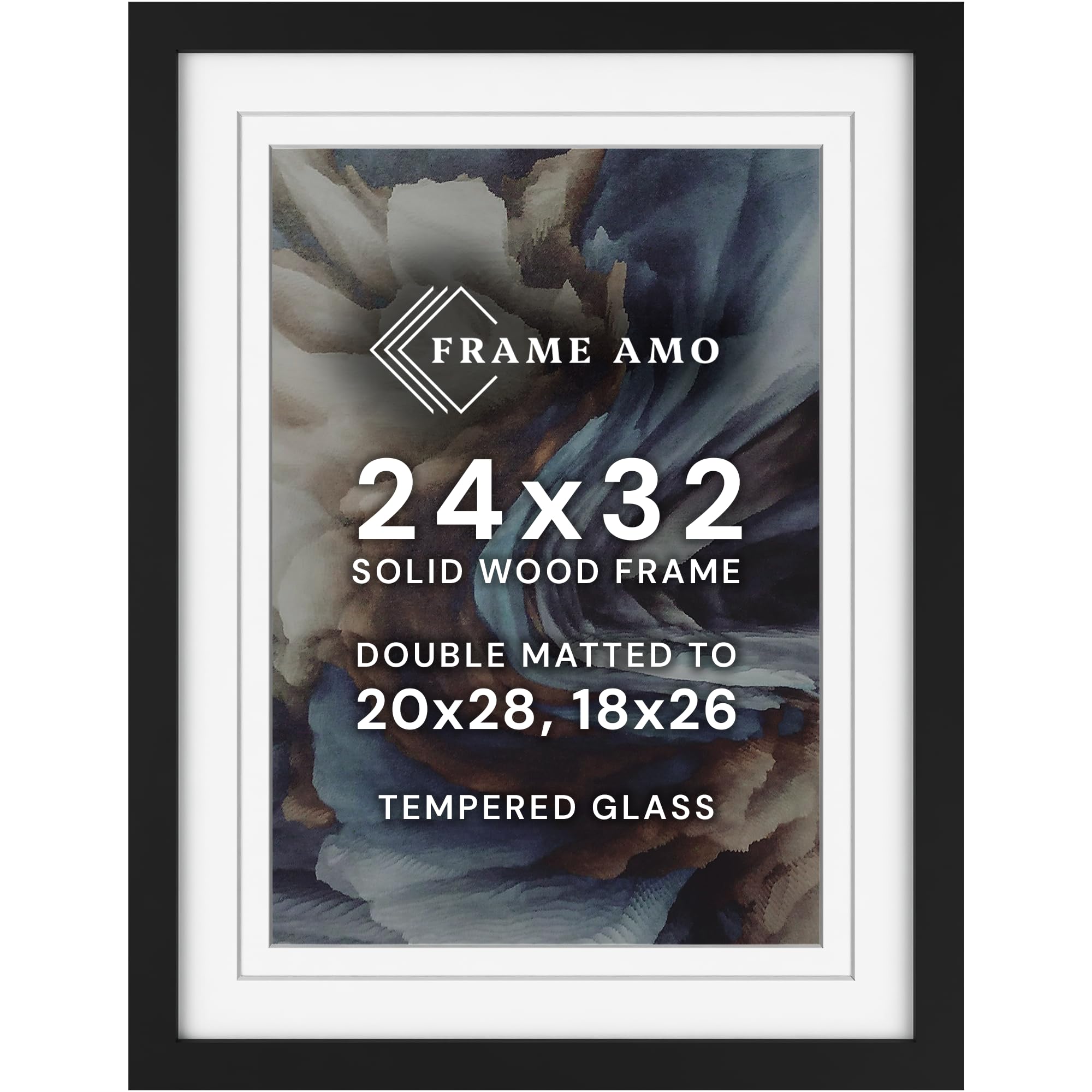 Frame Amo 24x32 Black Poster Frame, 20x28 and 18x26 Mats, Glass, Solid Wood