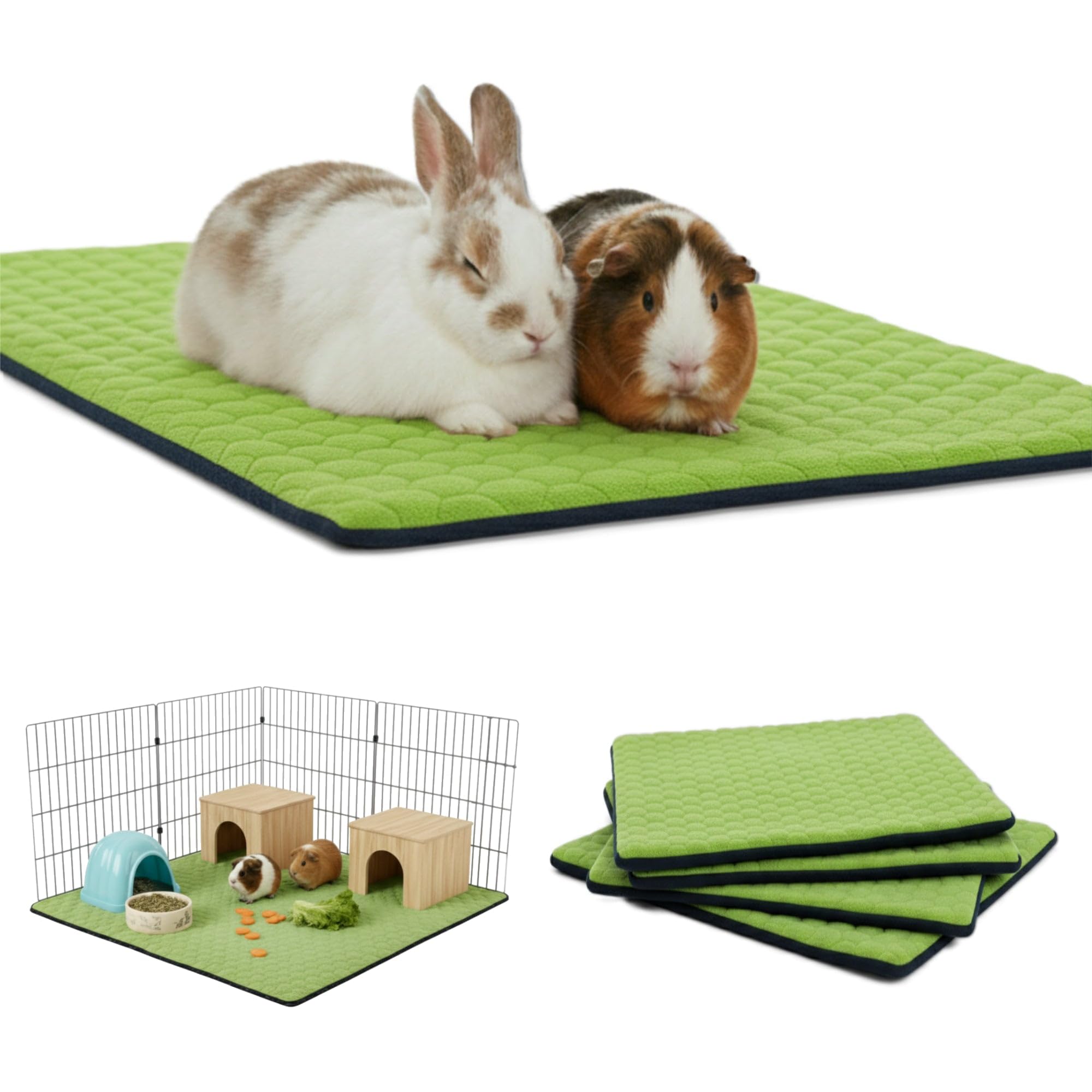 NEO SOLVO 4 Stück Käfigeinlage für Kaninchen und Meerschweinchen mit Abnehmbarer Fleece-Tunneldecke - perfekte Einstreu für Innenkäfige und C&C - saugfähig, wasserdicht - 70 cm x 105 cm - Grün