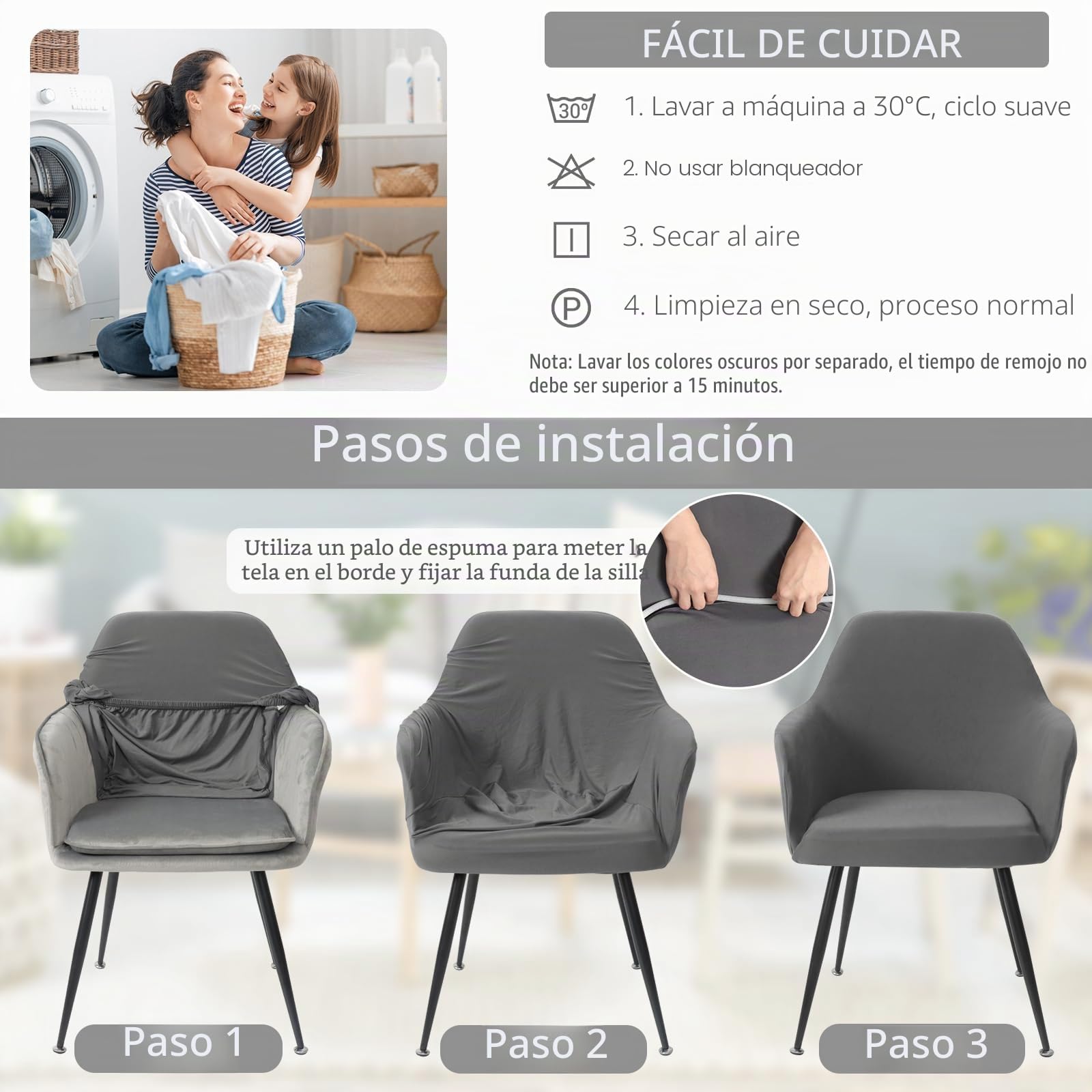 Fundas Sillas de Comedor 4Pcs Funda Sillon Orejero con Reposabrazos Funda Silla Oficina Protector de Silla Desmontable y Lavable para Sillas Cocina (Gris, 4PCS)