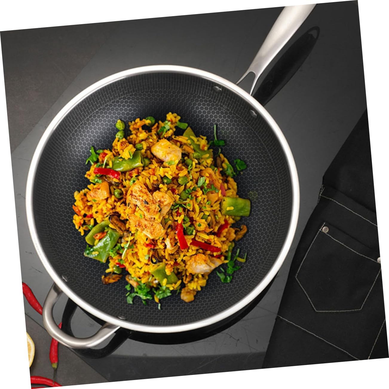 Ciieeo Padella wok a nido d'ape in acciaio inox a doppia maniglia con fondo piatto per a gas e induzione accessorio da cucina pentola antiaderente