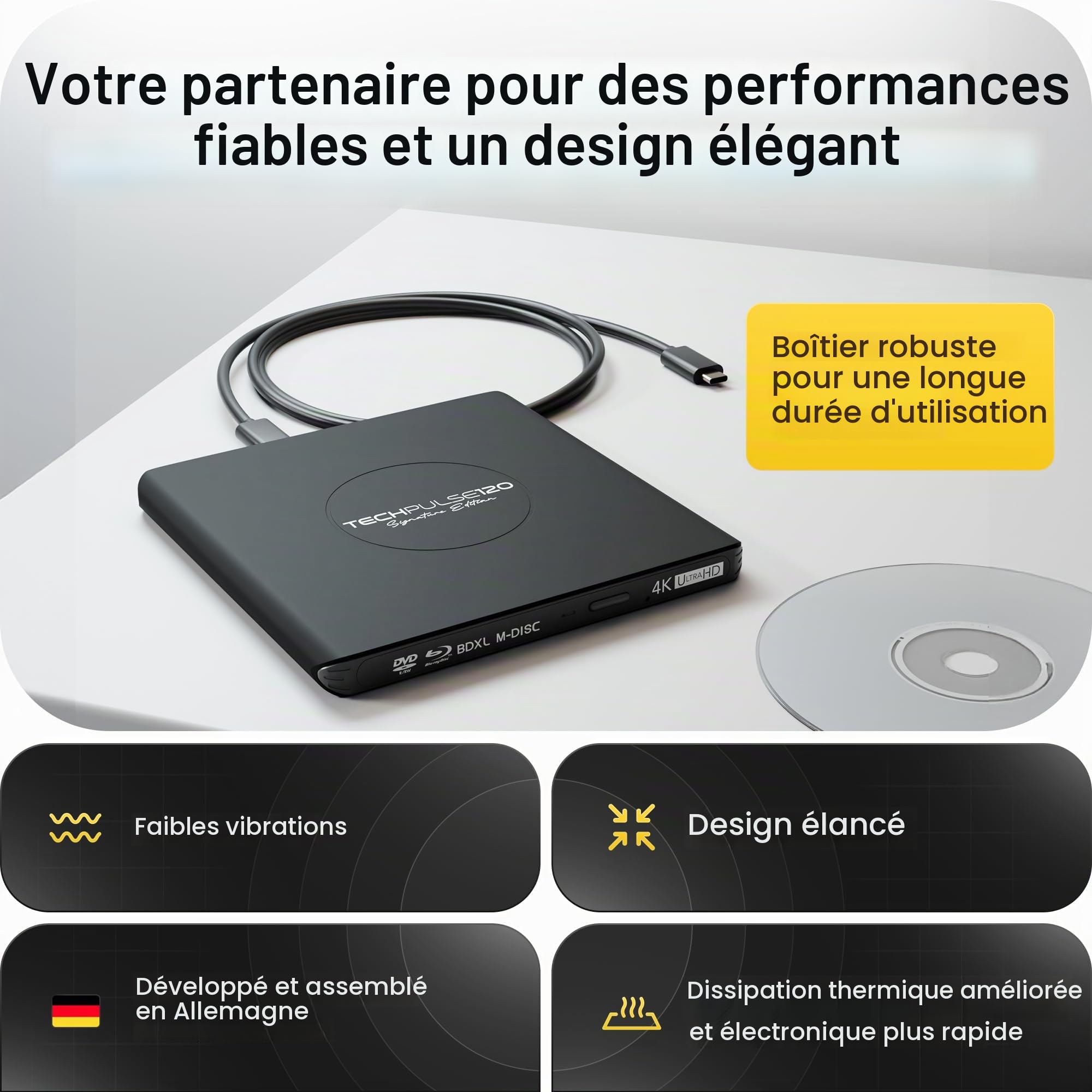 techPulse120 Externe USB 3.1 USB-C UHD 4k 3D M-DISC Blu-ray DVD CD HDR10 128GB Lecteur Graveur Burner Signature Paquet Sac 90cm Câble de Connexion Aluminium (Noir)