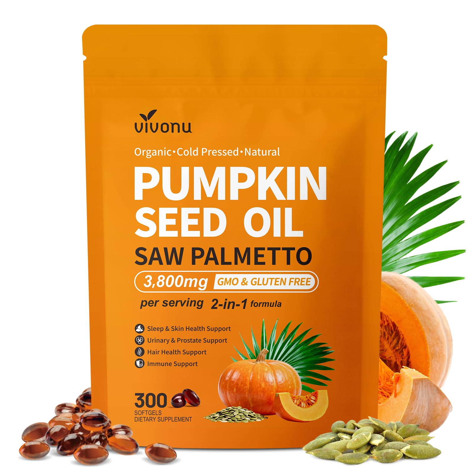 VivoNu Huile de Pépins de Courge - Saw Palmetto & pumpkin seed oil - 3000 mg - soutient la croissance des cheveux, soutient la santé de la Prostate - 300 unité - Sans Soja, Sans Gluten & Sans OGM