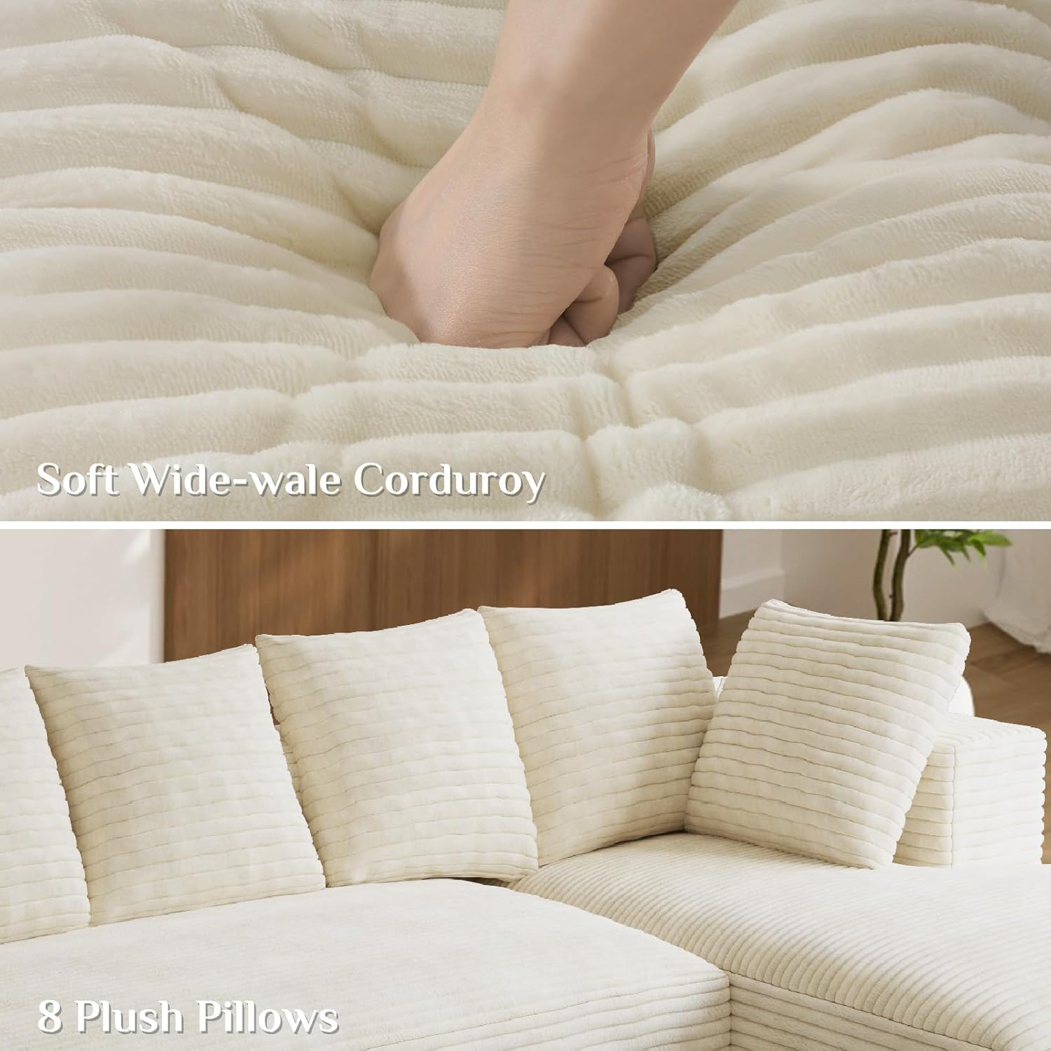 131" Oversized U Shaped Cloud Sectional Couches for Living Room, Comfy Fluffy Corduroy Beige Boneless Sectionals Couch, Plush Memory Foam Modular Sectional Sofa with Chaise- 19" Seat Height thumbnail