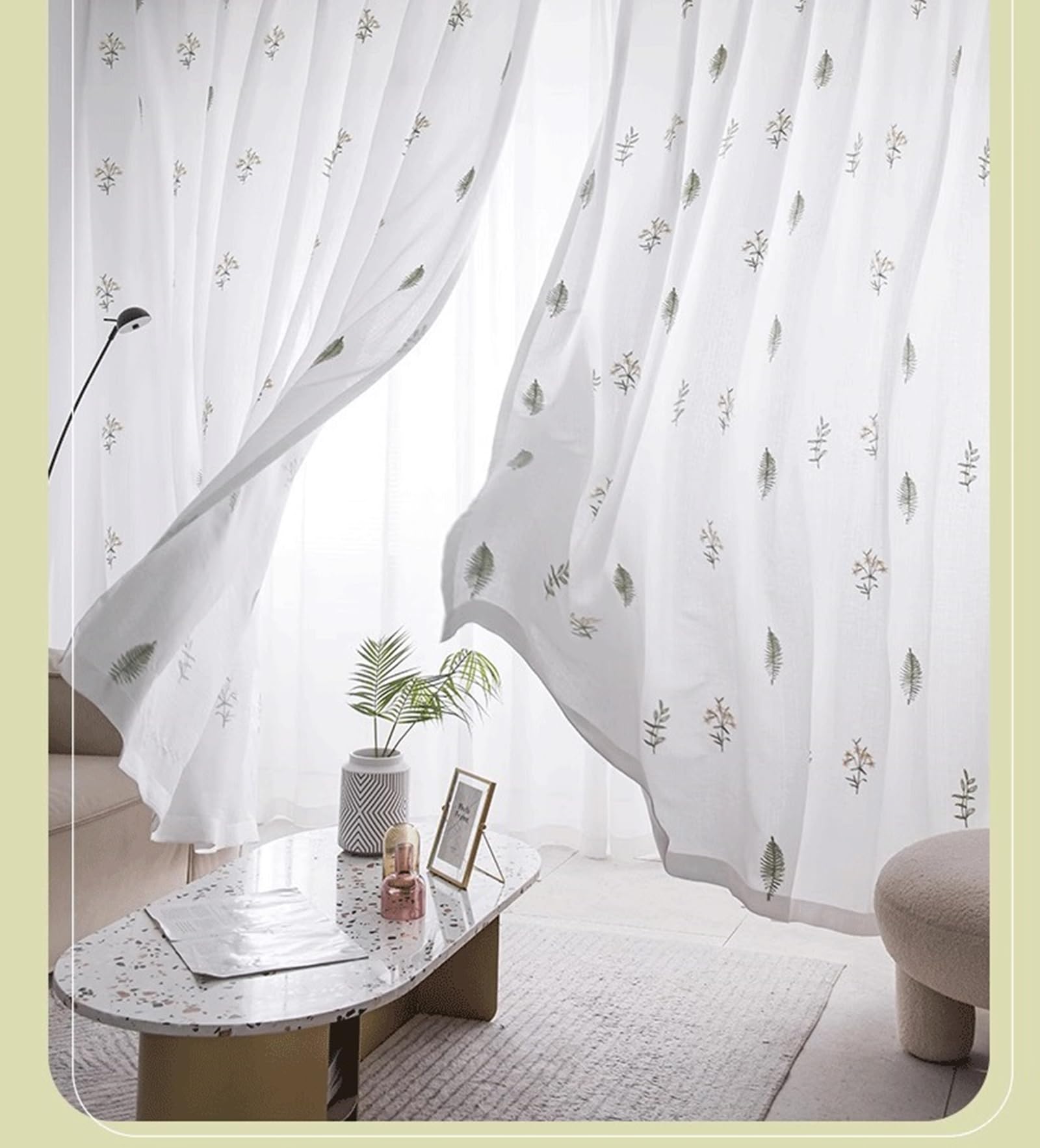 Rideaux fenetre voilage 200 x 210 cm avec oeillets de style gaze blanche à motif de feuilles