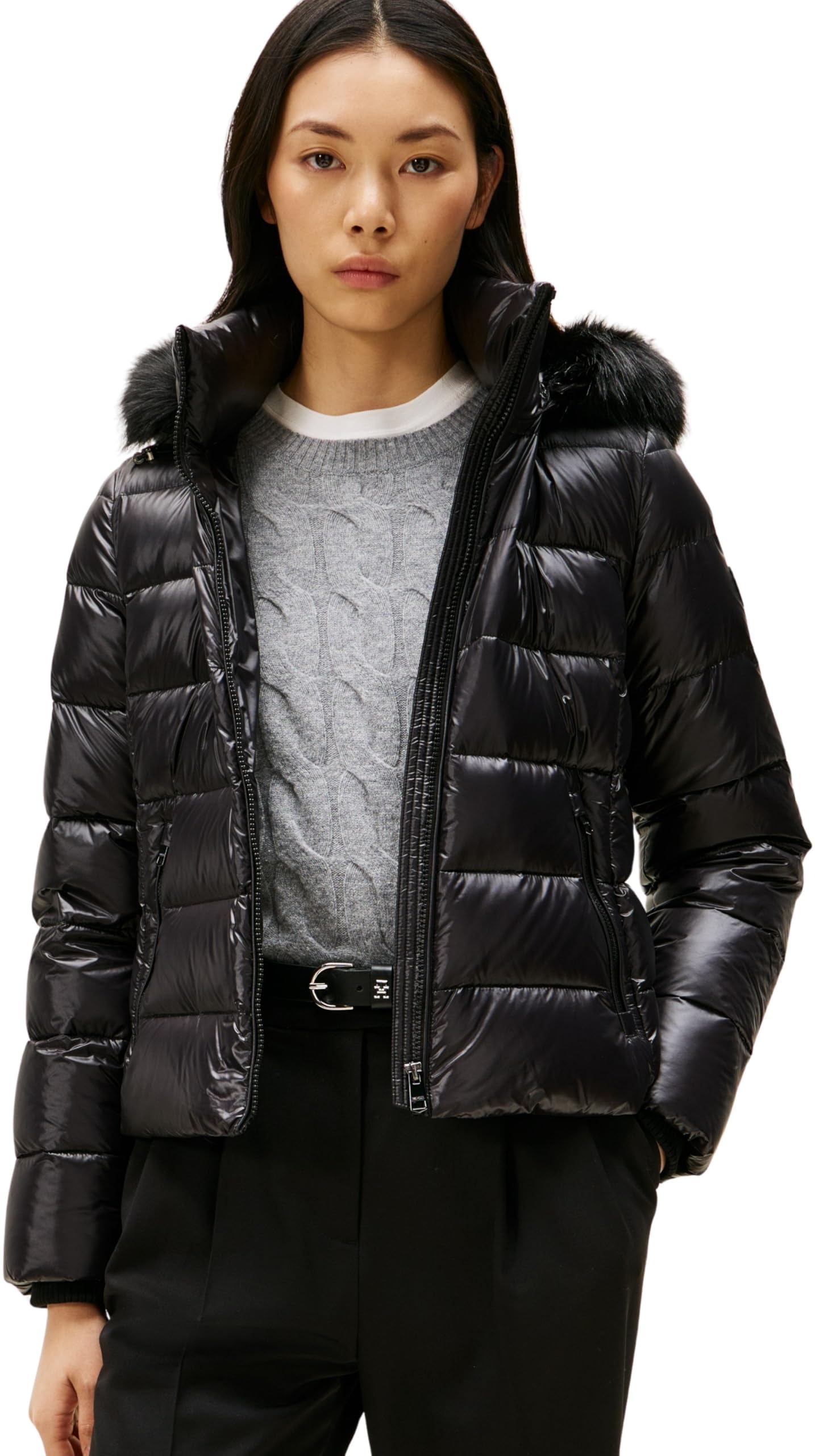 Tommy Hilfiger Damen Pufferjacke Gloss Down Slim mit Fellbesatz