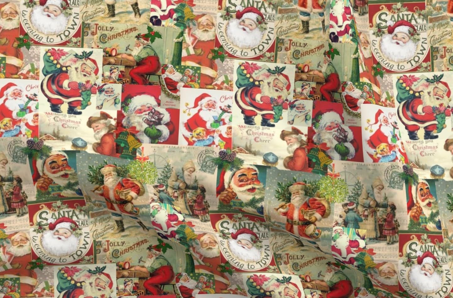 Spoonflower Fabric - Vintage Holiday Card Green Red Retro Christmas Santa Cards Collage Printed on Petal Cotton Fabric by The Yard - Sewing Quilting Apparel Crafts Decor