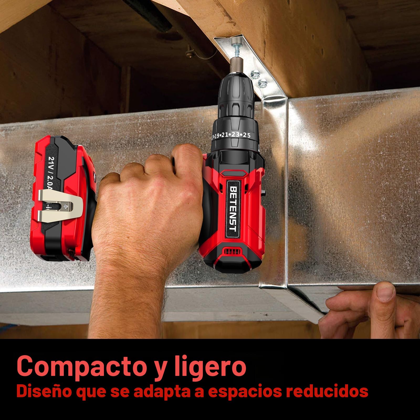 BETENST Taladro Percutor a Bateria 21V, Taladro Atornillador Bateria 42Nm con Baterías 2.0Ah, 25+3 Ajuste de Par Destornillador Electrico, 23 Accesorios, Portabrocas de 10mm Para Hogar, Bricolaje