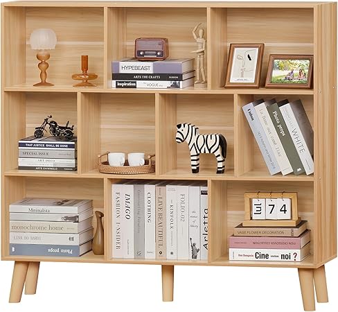 LEYAOYAO 10 Cube Bookshelf,3 Tier Modern Wide Bookcase with Legs,Mid-Century Wood Bookshelves Storage,Natural Large Book Case,Freestanding Organizer Display Shelf for Bedroom,Living Room,Office