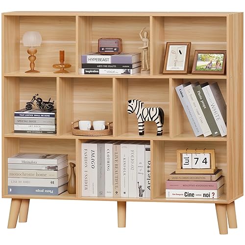 LEYAOYAO 10 Cube Bookshelf,3 Tier Modern Wide Bookcase with Legs,Mid-Century Wood Bookshelves Storage,Natural Large Book Case,Freestanding Organizer Display Shelf for Bedroom,Living Room,Office - 10 Cube - Natural