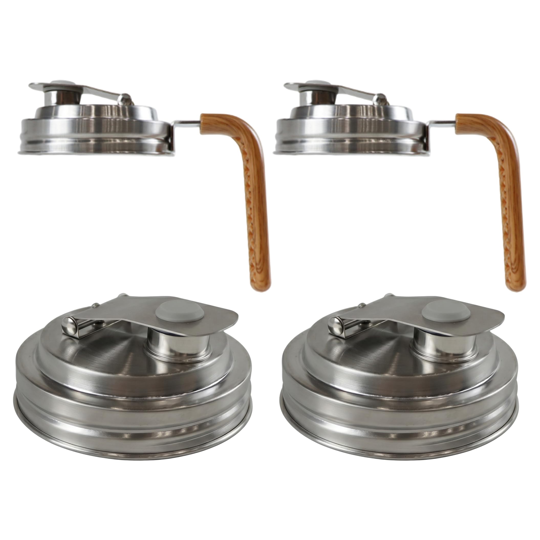 4pcs Wide Mouth Mason Jar Pour Spout Lid Stainless Steel Mason Jar Pitcher Lid with Filter & Flip Lock, 2 Wood Handle & 2 No Handle, 3.39inch Wide Mouth Pour Spout