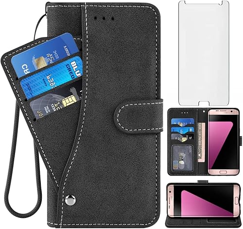 Asuwish Compatible con Samsung Galaxy S7 - Funda tipo cartera y protector de pantalla de vidrio templado, soporte para tarjeta de crédito, soporte