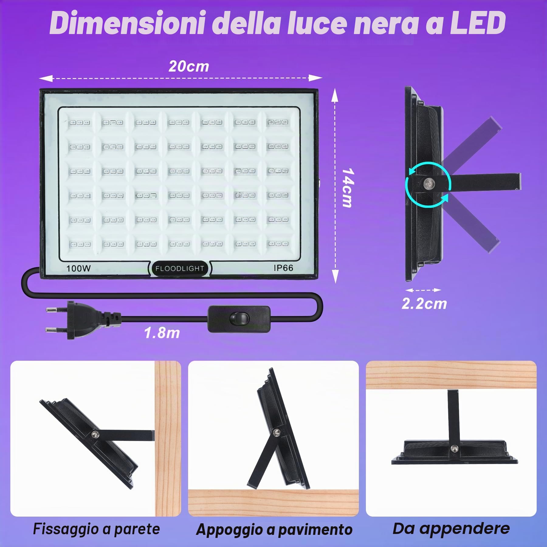 Luce UV 100W 2 Pezzi IP66 Impermeabile 395-400nm Luce Nera Led per Feste