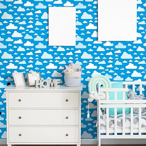 Miniatura 4 de Papel tapiz de dibujos animados para despegar y pegar, cielo azul, nubes blancas, papel tapiz extraíble, de vinilo autoadhesivo, decoración de