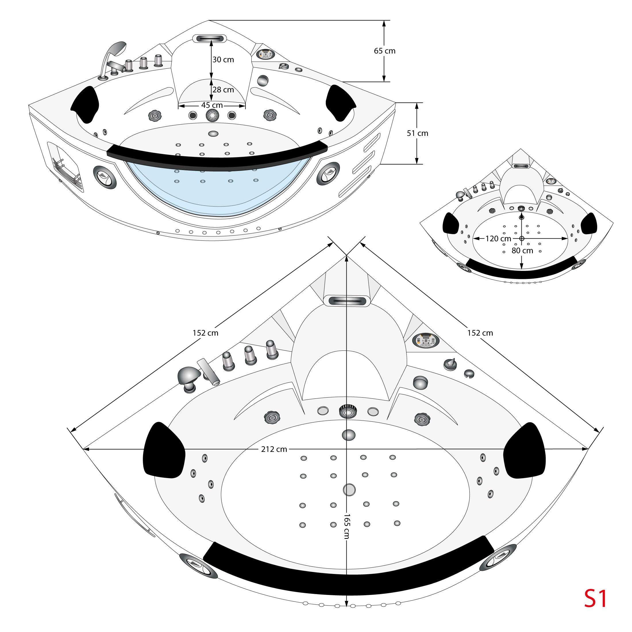 AcquaVapore Whirlpool Pool Badewanne Eckwanne Wanne W06H-SC 152x152cm aktive Schlauch-Reinigung