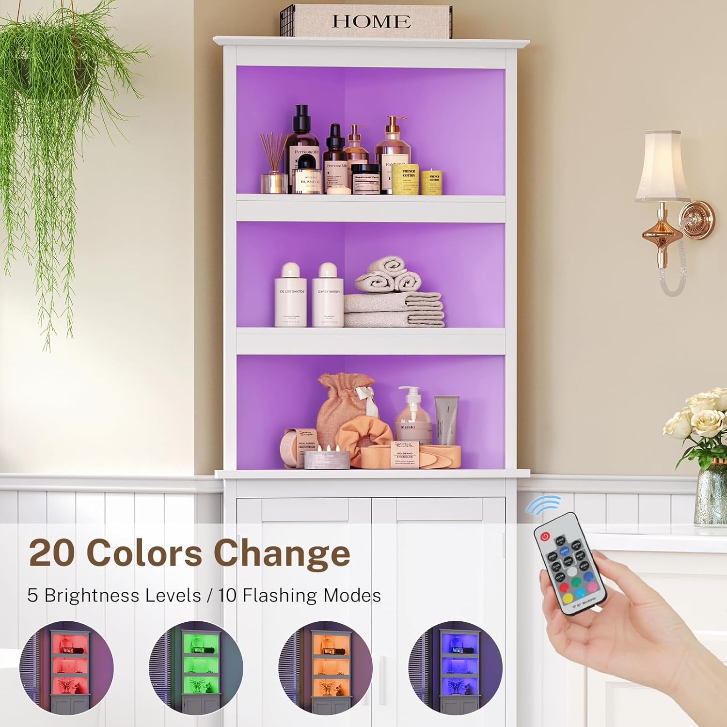 TEENFON Tall Corner Cabinet with LED Lights, 5-Tier Bathroom Corner Cabinet with Adjustable Shelf, for Living Room, Dining Room, White
