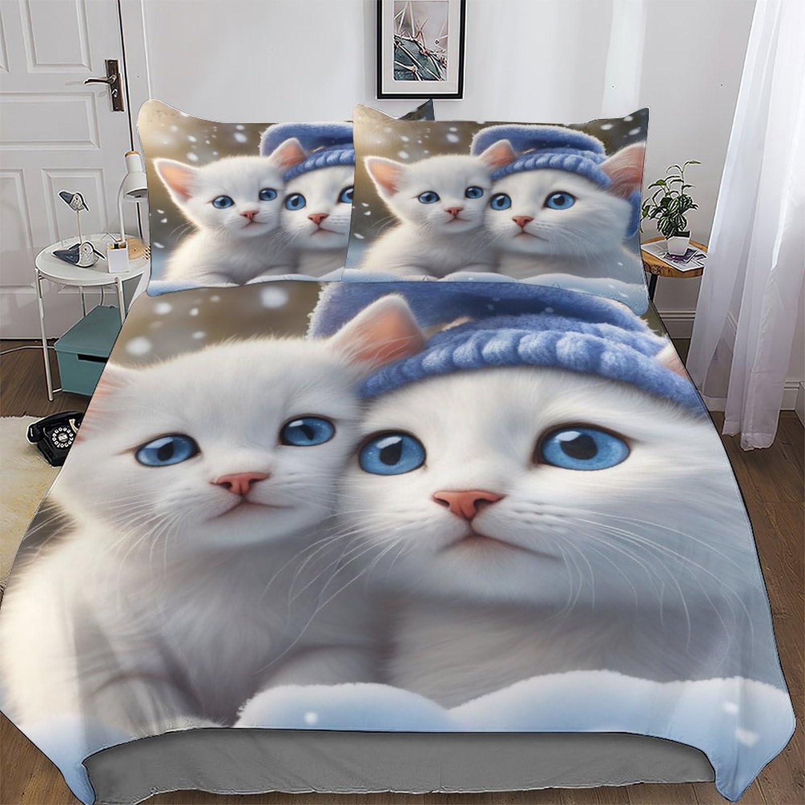 Cute Cat Duvet Cover Set, Bedding Linen Set, Ultra Soft Comforter Cover with Zipper Closure 2 Pieces, Quilt Cover with Pillowcase for Kids, Youth And Adult Single (135x200cm)