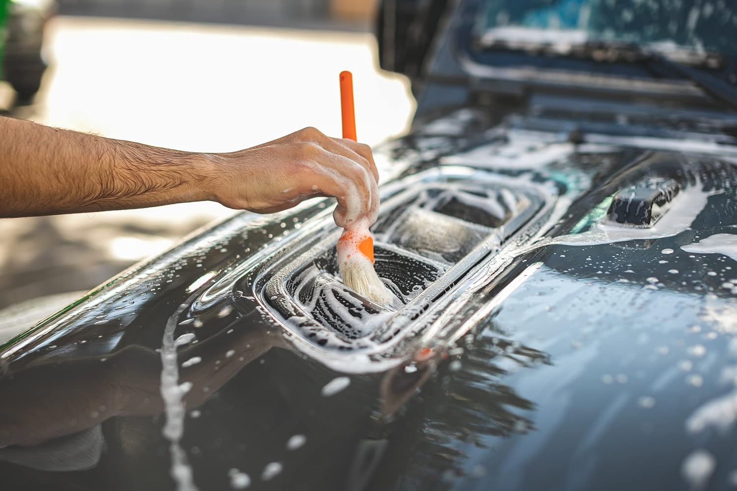 Detail Factory - Boar Hair Detailing Brush Short-Handle + Long-Handle Combo Kit - Comfortable Grip and Heavy-Duty Scrubbing for Interior, Exterior, Engine Bay, Wheels, Exhaust Tips, Orange