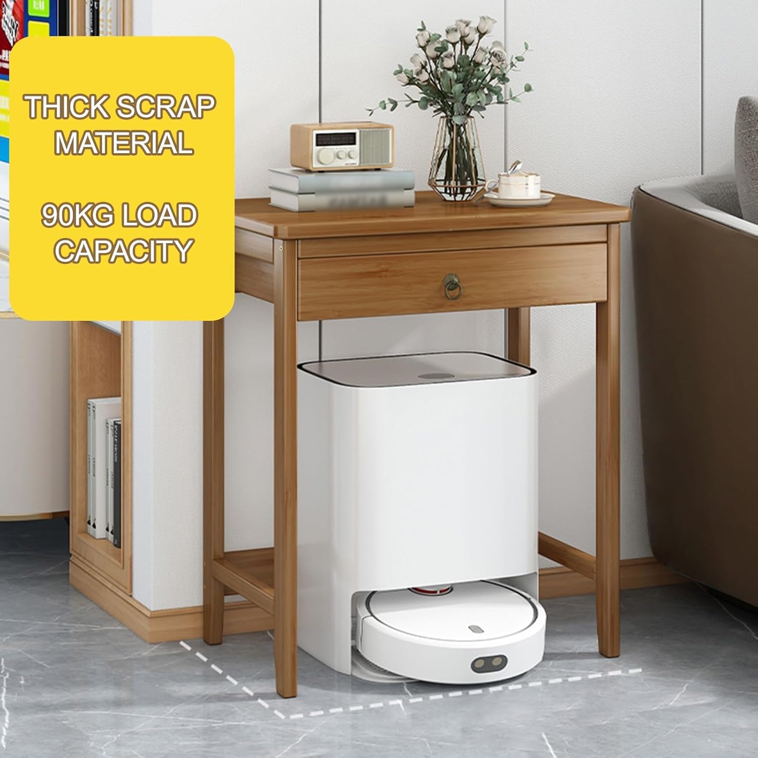 ロボット掃除機収納キャビネット、サイドテーブル 引き出し付き、ロボット上部収納ラック、木製フリースタンディングラック リビング・キッ