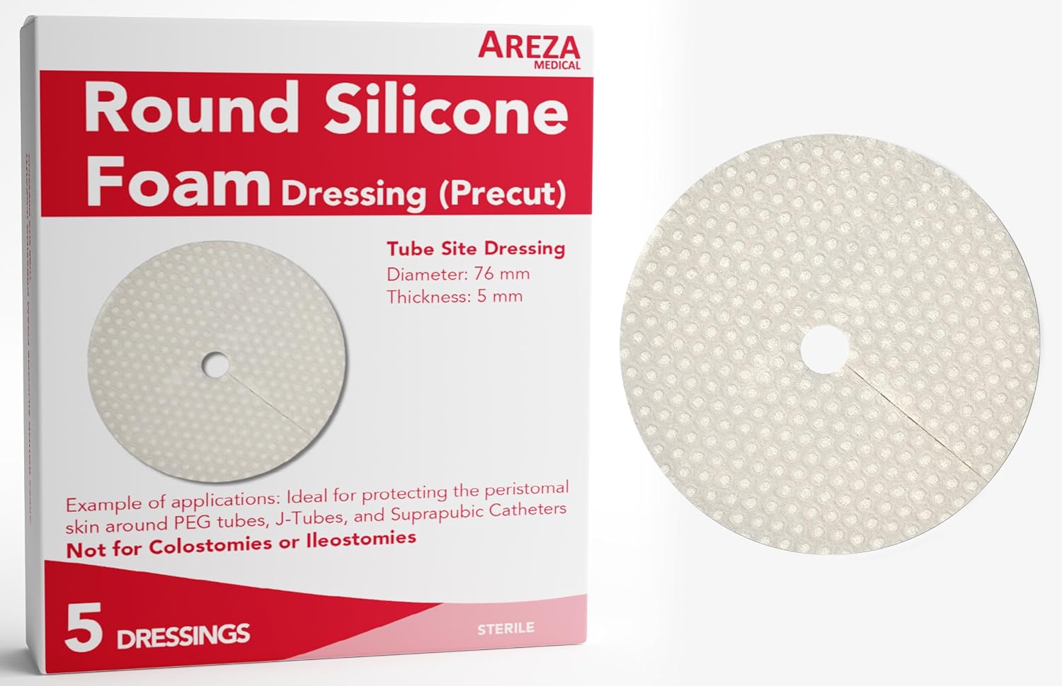 Areza Medical Round Silicone Foam Dressing - Tube Site Dressing - May Help Absorb Leakage Around PEG and Feeding Tubes & Reduce Irritation - 5 Pieces Per Box