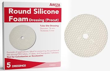 Areza Medical Round Silicone Foam Dressing - Tube Site Dressing - May Help Absorb Leakage Around PEG and Feeding Tubes & Reduce Irritation - 5 Pieces Per Box