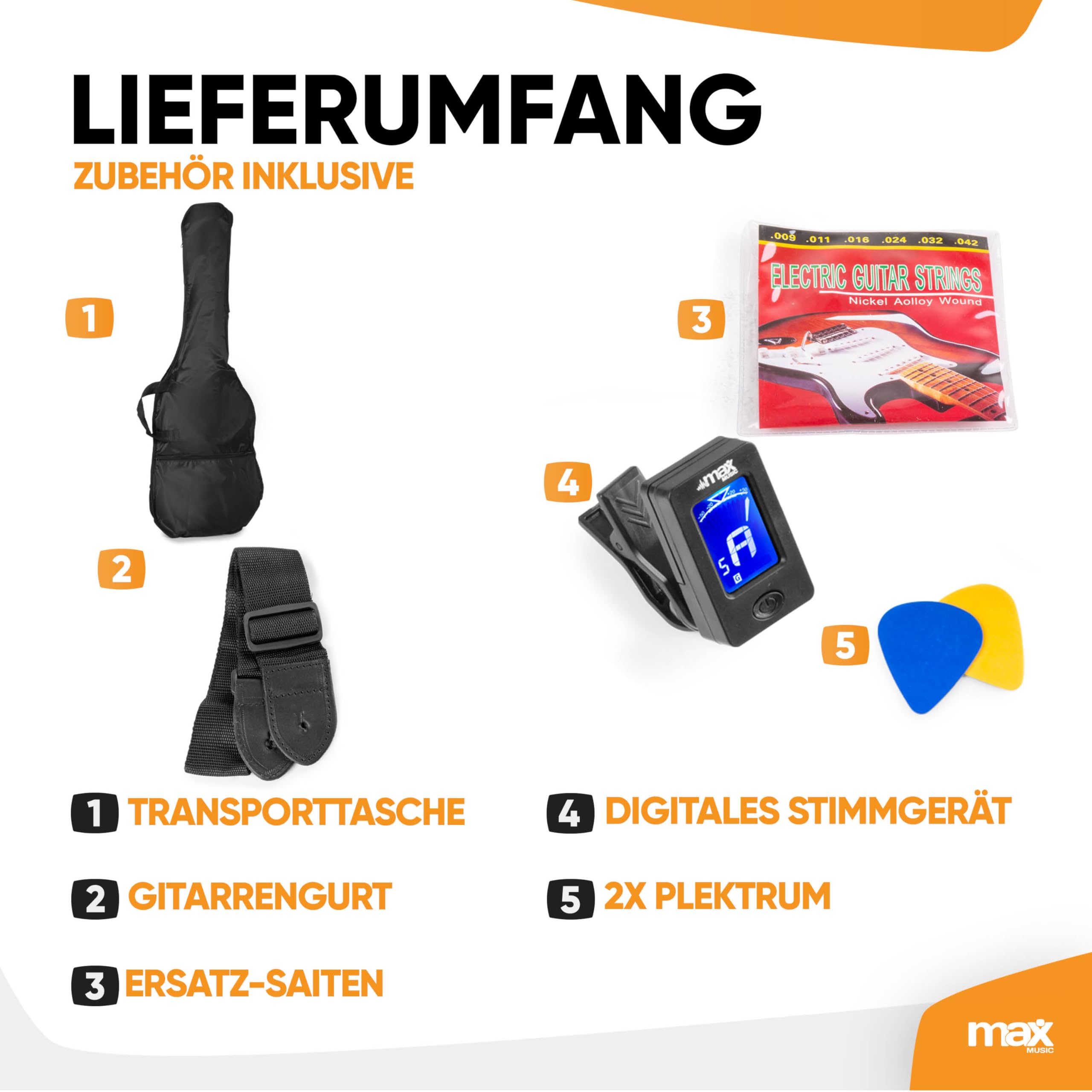 Max GigKit E Gitarre Set, E Guitar, Elektrogitarre mit Verstärker 40 Watt, Gitarrentasche, Plektrum, Gurt, Stimmgerät, Instrumentenkabel, Ersatzsaiten, 4/4, in Schwarz