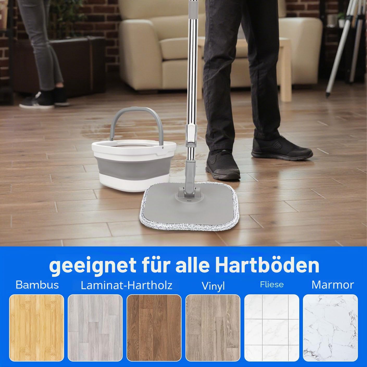 Sgizoku Wischmopp Set mit faltbarem Eimer, 360° drehbarer Wischmopp mit Presse, Waschen und Trocknen, mit 2 wiederverwendbaren Mikrofaser-Moppmatten für alle Arten von Böden