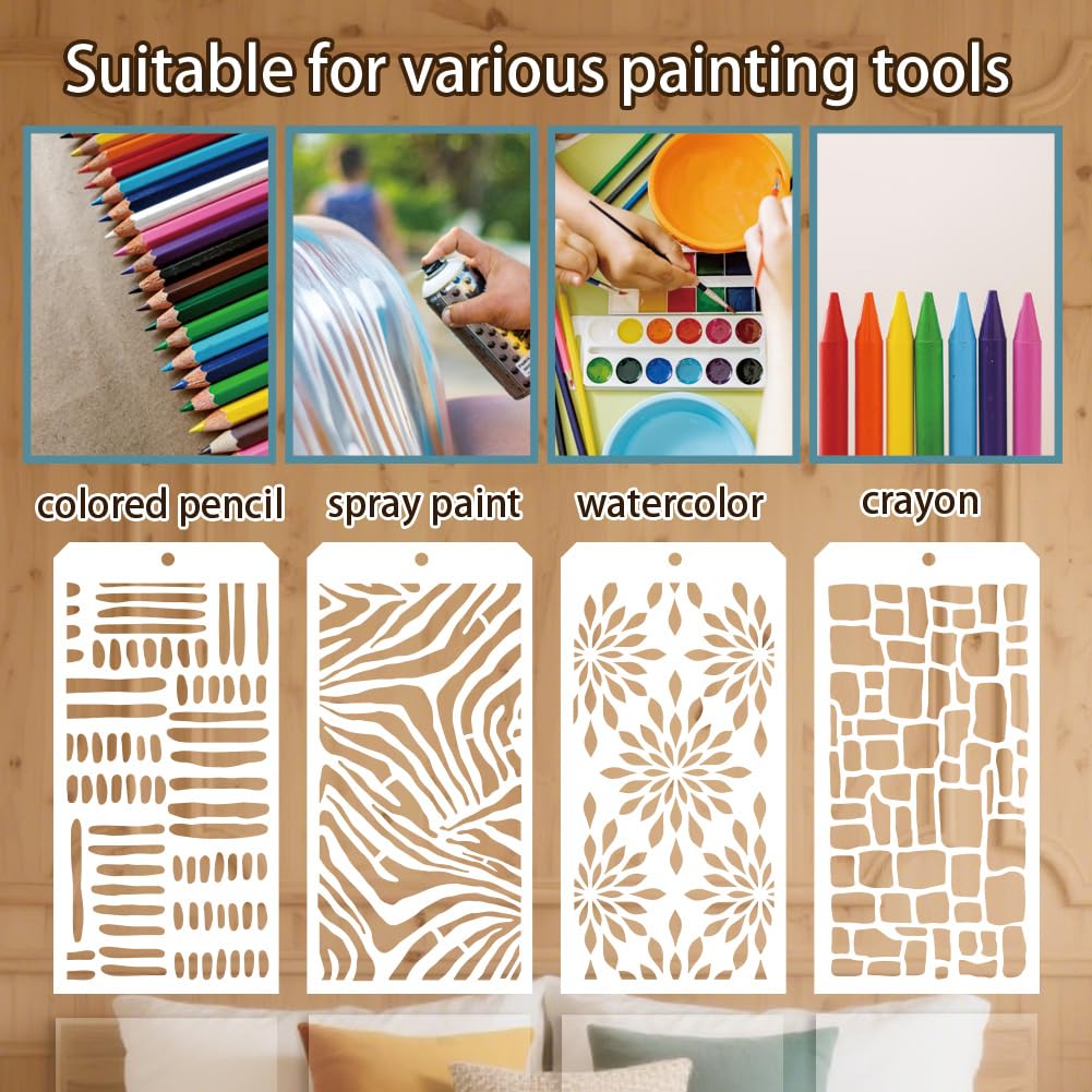 GOMAKERER 12 Pcs Decorative Painting Templates, 12 Styles Brick Layered Texture Painting Stencils Reusable Art Drawing Templates for Drawing on Wall Wood Home Decor - Image 3