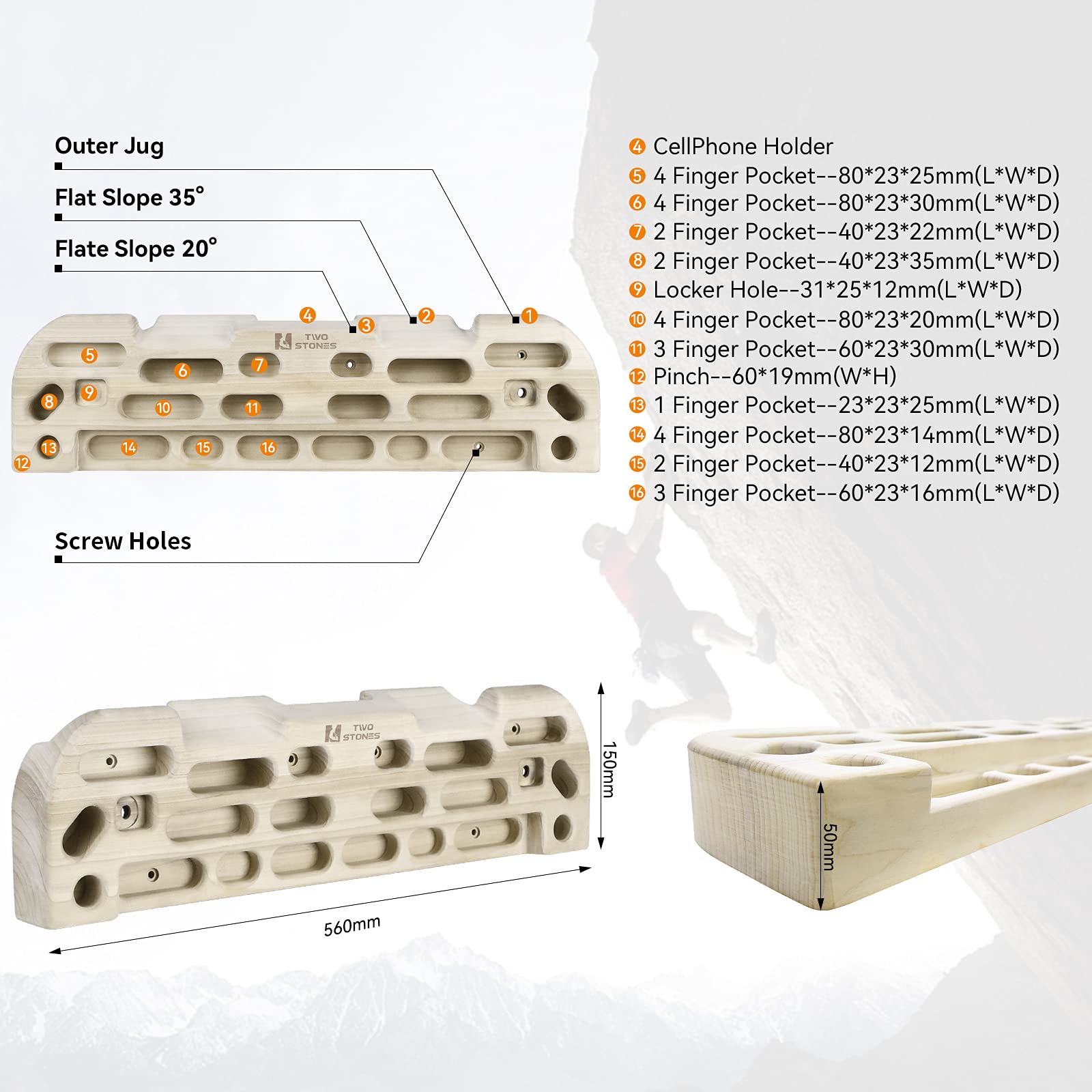 TWO STONES Hangboard d'escalade avec barre de traction pour porte ; y compris les cruches, pinces, poches, bords et pentes pour l'entraînement d'escalade