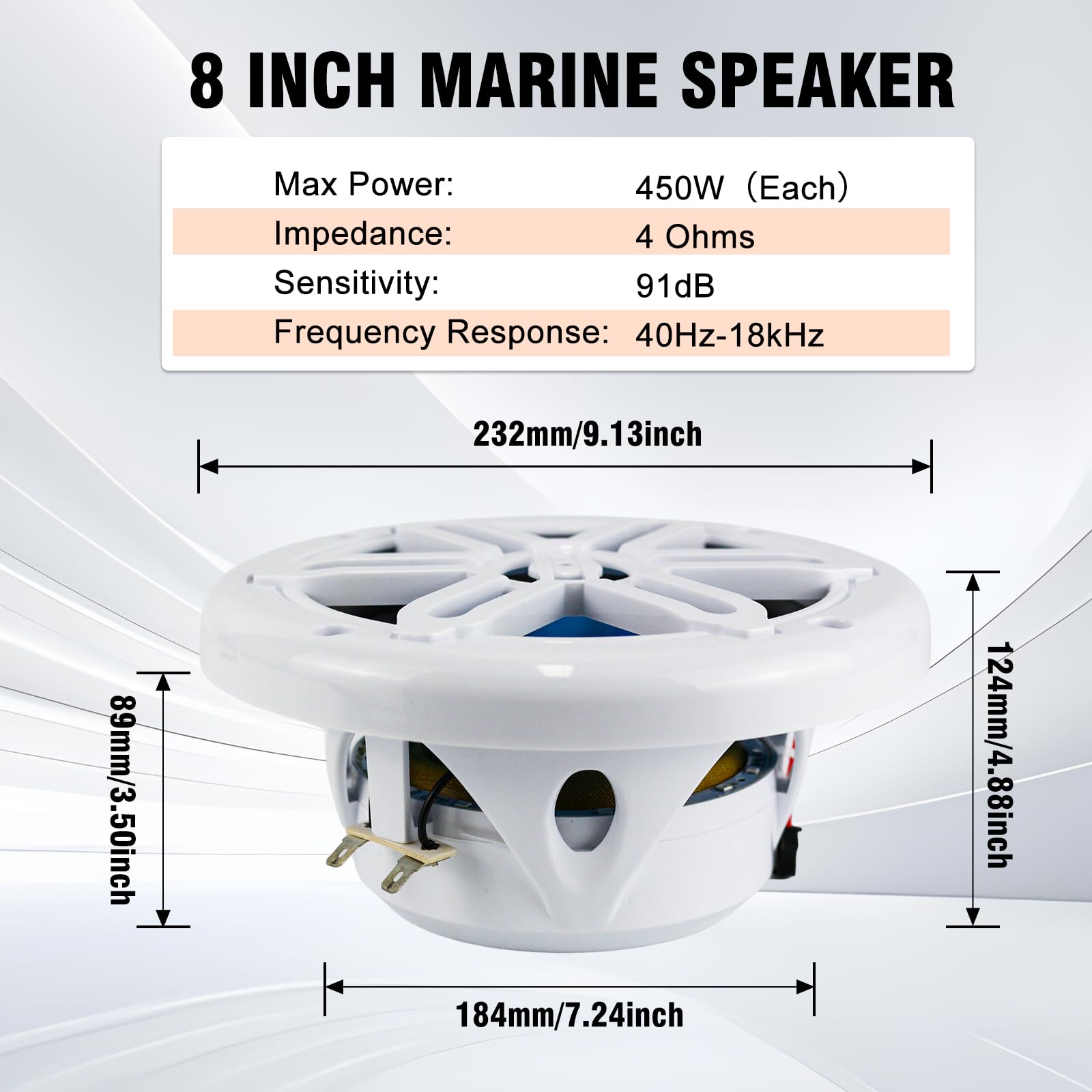 STUDIOFINIX Enceintes Marines 8 Pouces 900 W avec éclairage LED - Enceintes 2 Voies résistantes aux intempéries, idéales pour Les Bateaux, Les quads et Les UTV (Paire, Blanc)