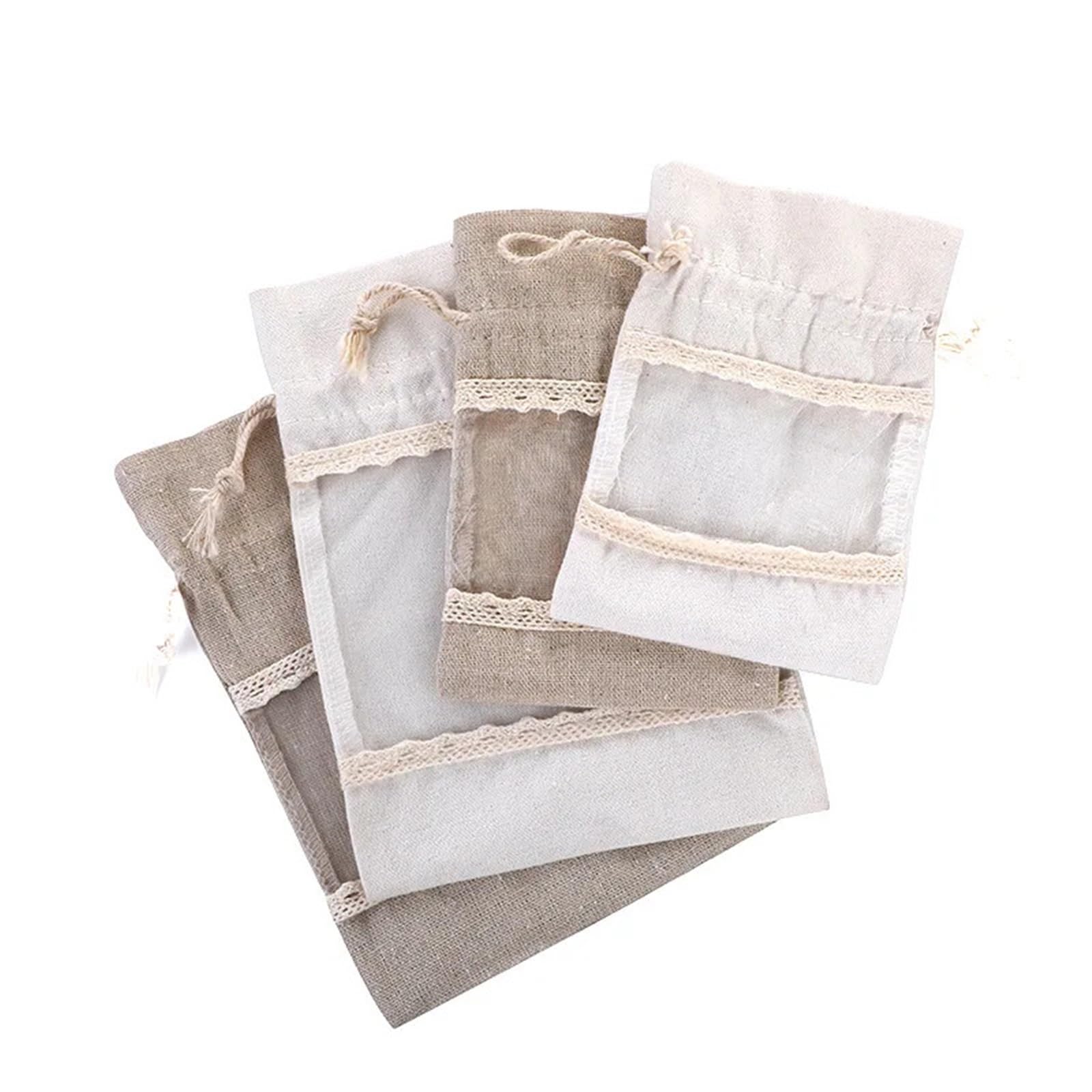 Pochette Tissu Cordon Sacs à tiroir en dentelle de coton et lin, 25 pièces, 10x14 13x18cm, fenêtre simple face, sac en toile de jute, sac cadeau for bijoux, sac de décoration de fête de mariage(Cotton