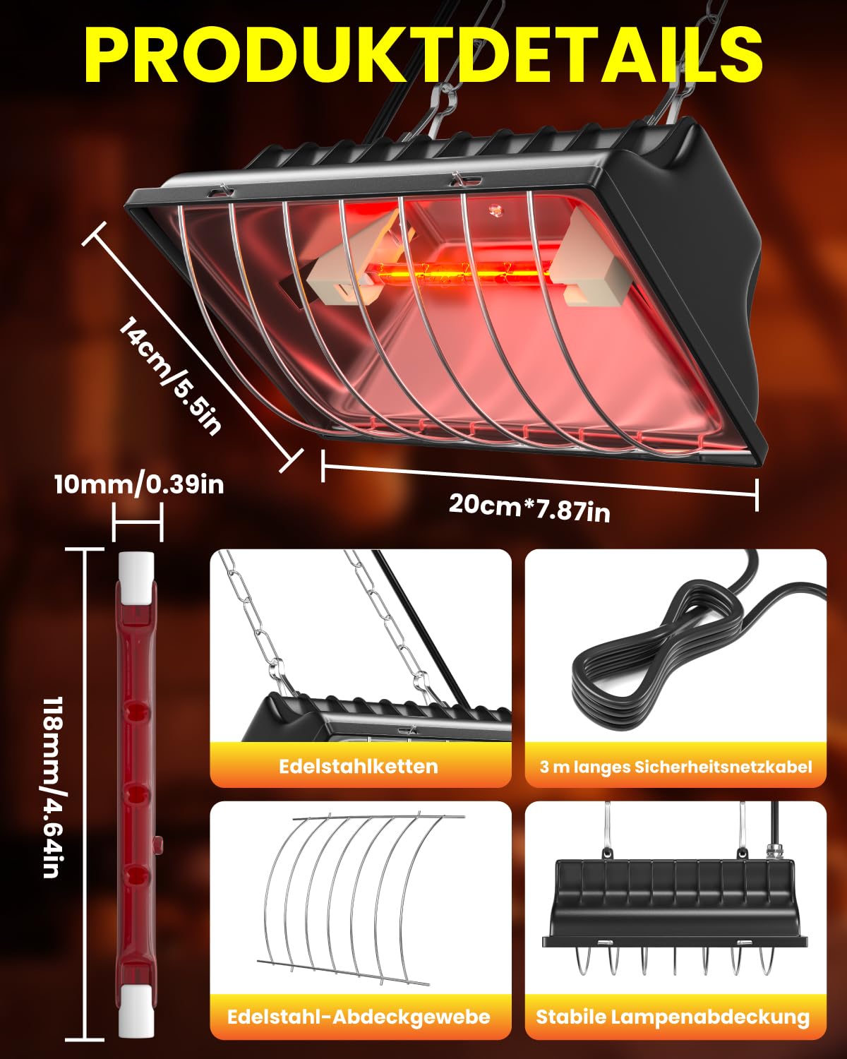 Wärmelampe für Küken mit Hoch-/Niedrig-Schalter (max. 275W), Inklusive 2 x R7S Infrarotlampe, Verstellbarer Aufhängekette und 3m Kabel für Küken, Entenküken, Welpen und Nutztiere
