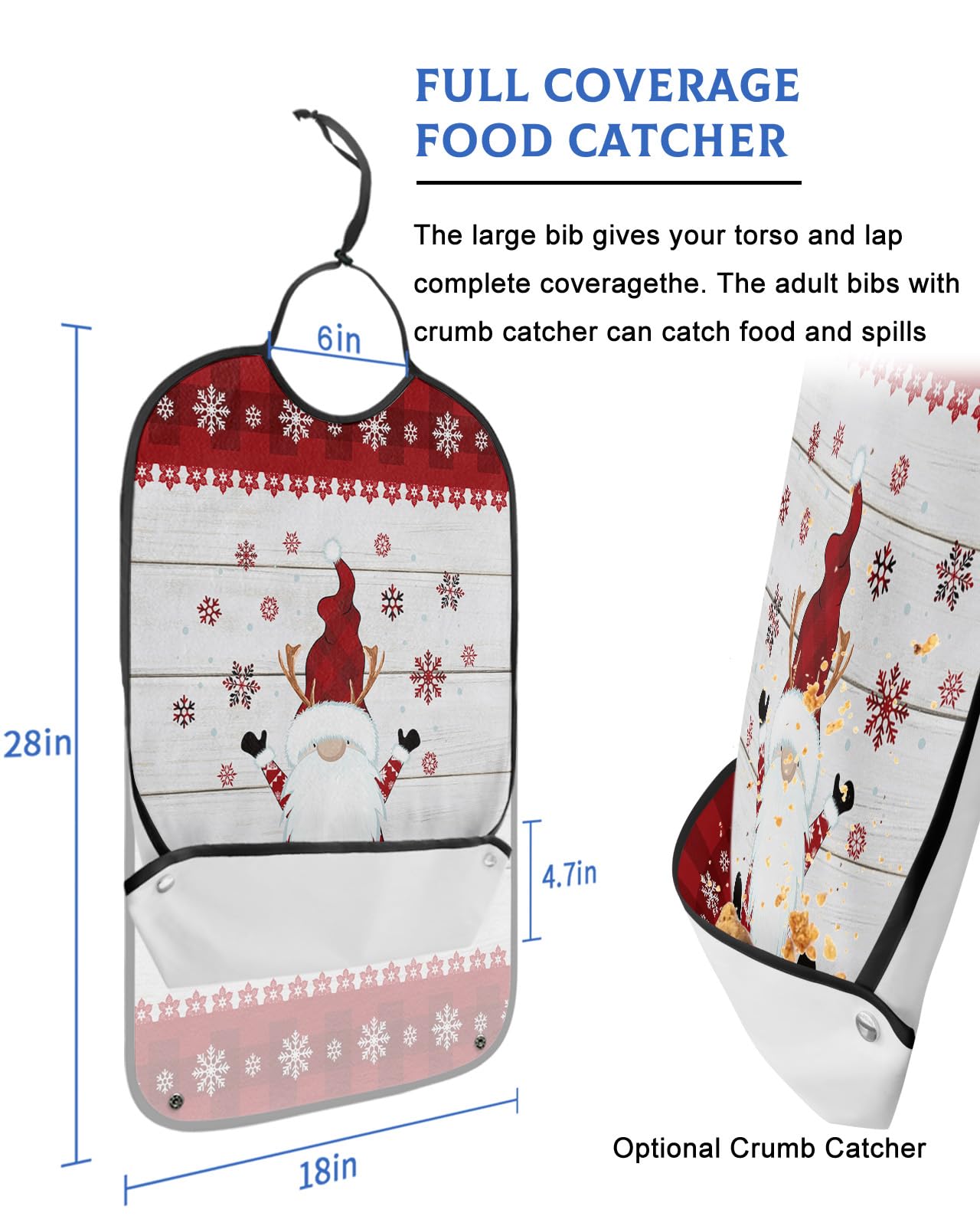 Christmas Gnomes Adult Bibs for Eating, Waterproof Bibs with Food Catcher & Adjustable Snap Closure, Red Plaid Winter Snowflake White Wood Washable Clothing Protectors Adult Bibs for Elderly Women/Men