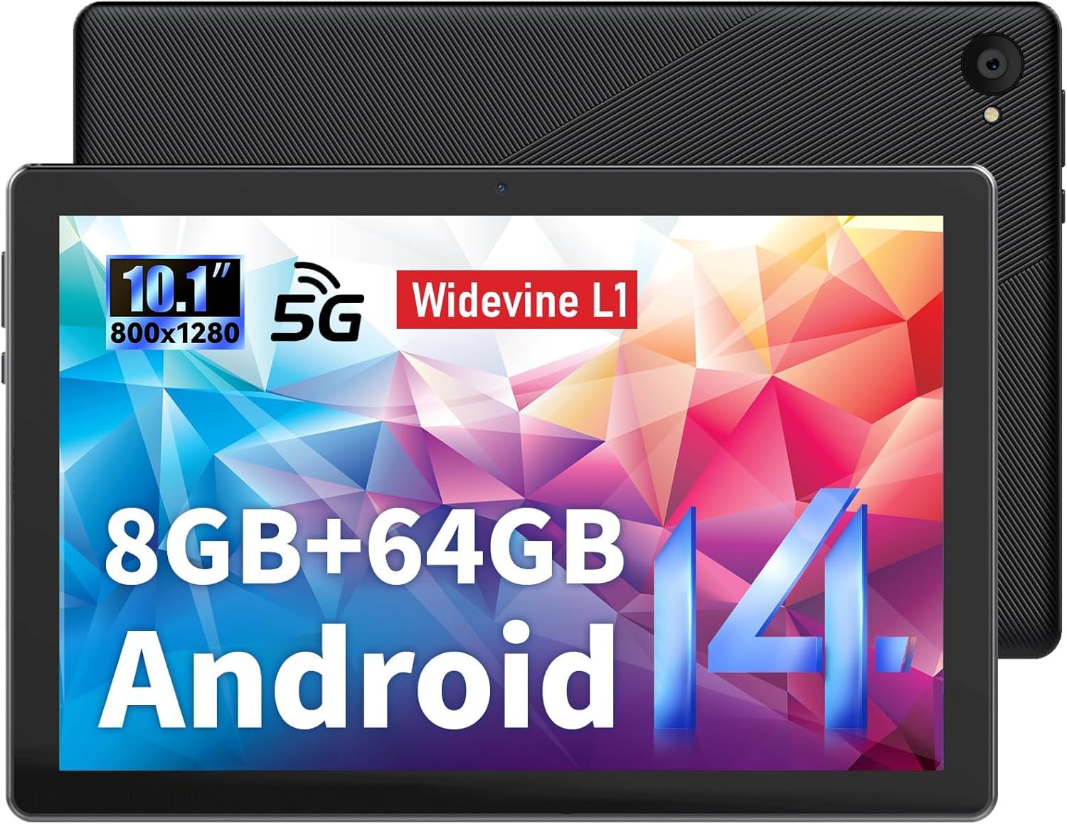 Tablet 10 Pulgadas - HotLight Tablet Android 14 8GB RAM+64GB ROM(1TB TF), 1280 * 800 FHD IPS, Cámara 8MP+5MP, Batería 5000mAh, GMS Certificación Widevine L1, Facciale ID, OTG, 5G+2.4G WiFi 6, BT5.4