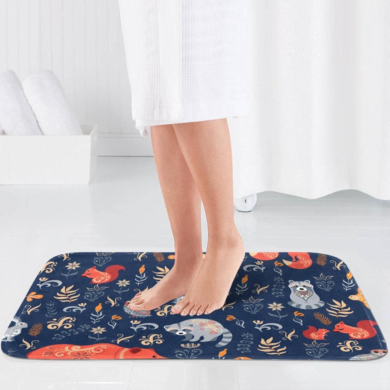 KXO Animals Bear Fox Owl Rabbit, Waterproof Shower Curtain and Mat Set Polyester Bathroom Curtain and Rug Set with Hooks 70.8"x70.8"