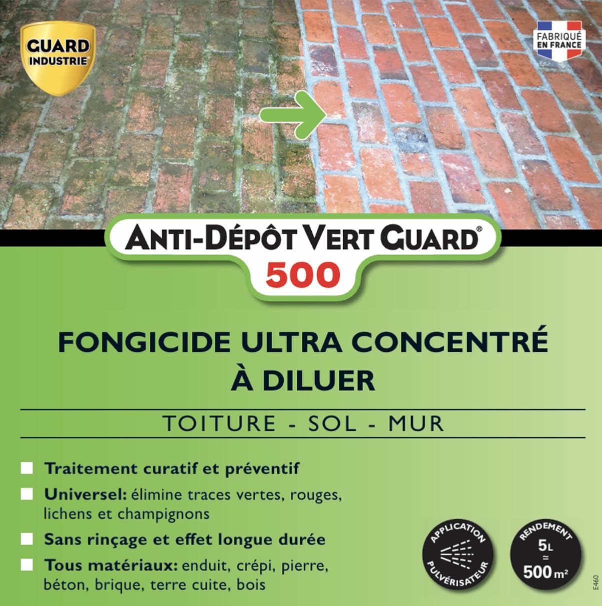 GUARD INDUSTRIE - Anti Dépôt Vert Guard 500 - Fongicide Invisible, Ultra Concentré, Anti Champignon, Lichen, Algue - Tous Matériaux - Fabrication Française - Bidon - 5 L - Traite 500 m2