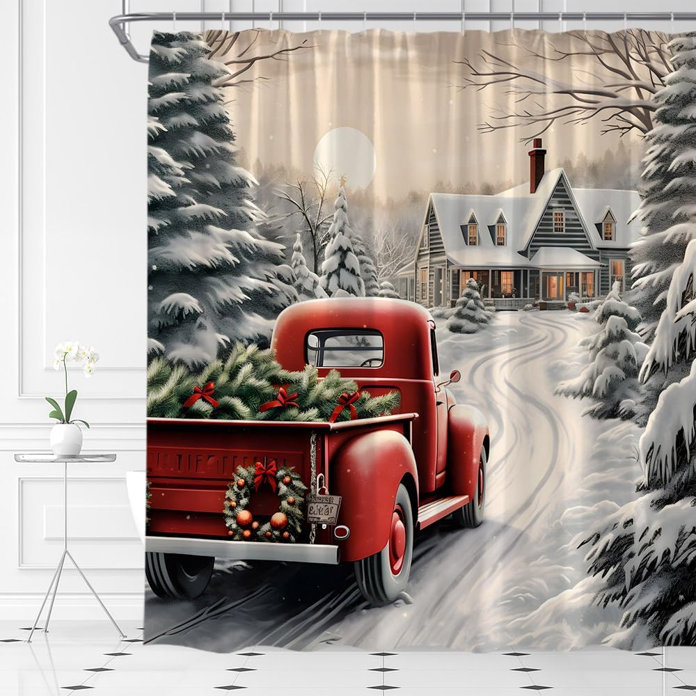 Winter Christmas Shower Curtain Red Christmas Truck Farmhouse Pine Tree Holiday Happy New Year Fabric Bathroom Curtain Set with Hooks(74.8" Wx70 H)