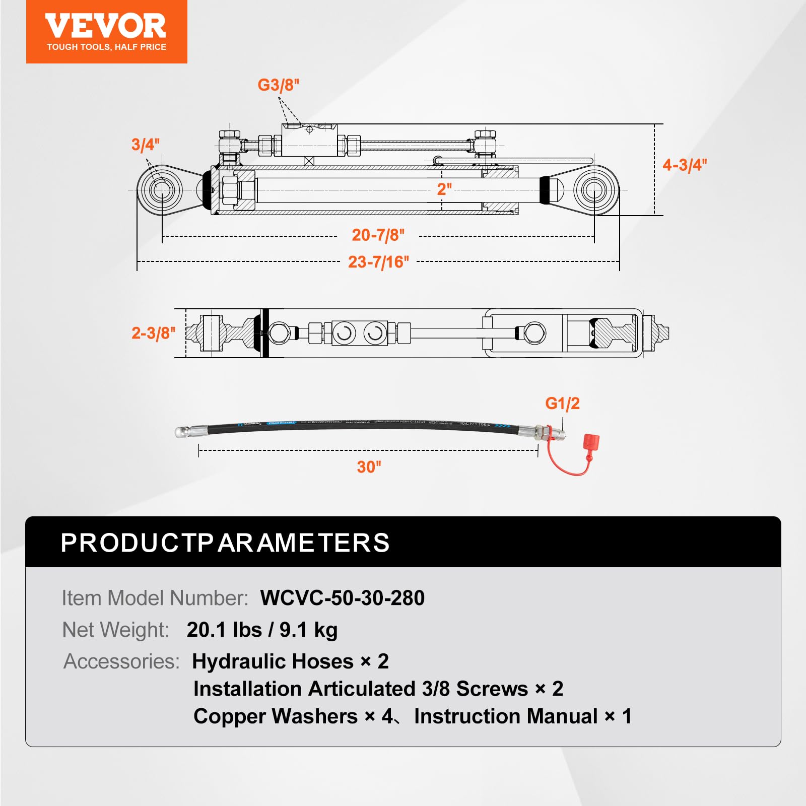 VEVOR Hydraulischer Oberlenker Cat.1-1 (27,9 cm, 20-7/8-31-7/8 Zoll), Hydraulikzylinder mit 2 Schläuchen und G3/8-Zoll-Rückschlagventil