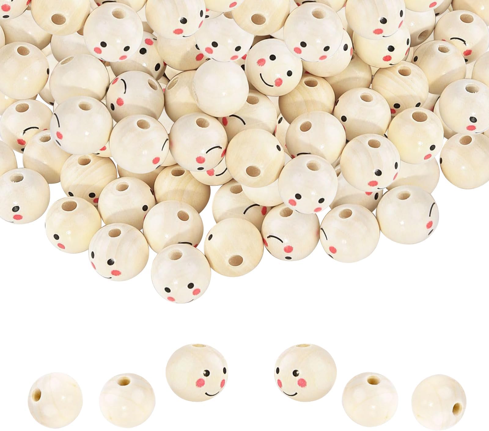 125 Stück Halloween Holzperlen 16mm - Mit Gesichtern & Hanfseil Für DIY Schmuck