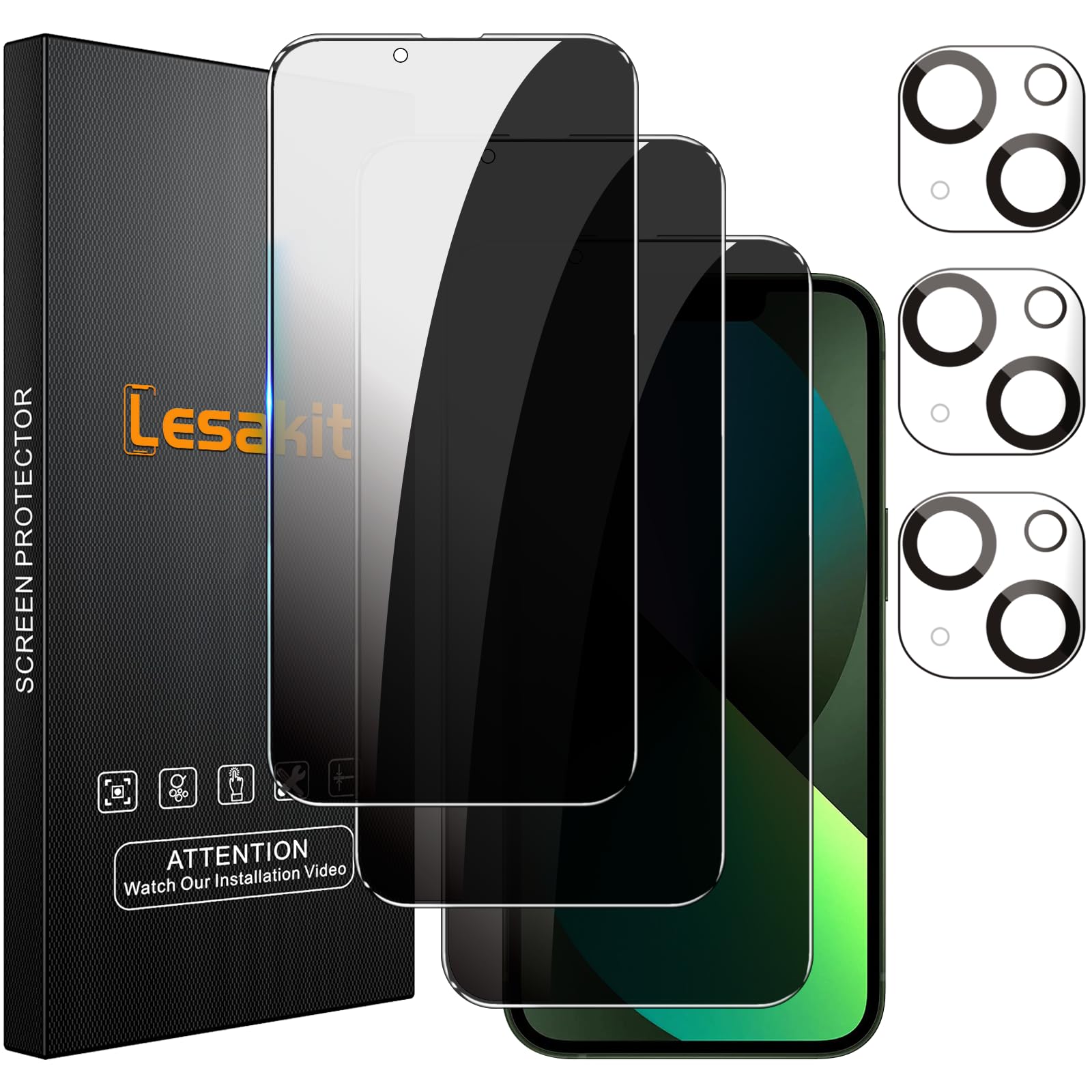 Lesakit 3+3 Pack Privacy Screen Protector for iPhone 13 6.1-Inch with 3 Pack Camera Lens Protector, Anti Spy Tempered Glass Film 9H Hardness Bubble