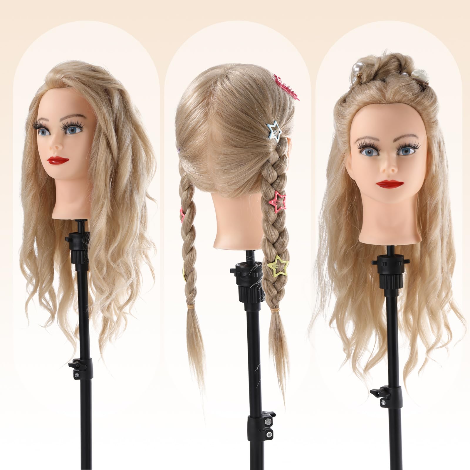 Frisierkopf 70% Echthaar Übungskopf 24 Zoll Friseure Ausbildung Kopf mit Halter DIY Haare Set