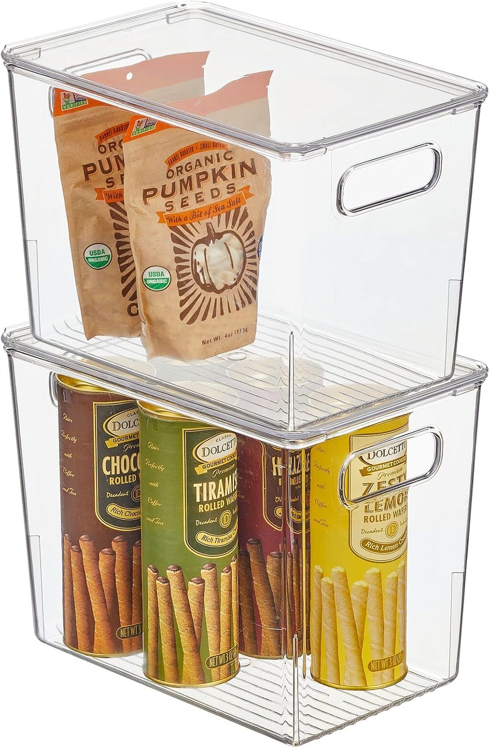 mDesign Slim Plastic Stackable Kitchen Cabinet Storage Bin Box, Handles and Lid - Fridge, Cabinet, Counter Organizer for Snacks, Food, Drinks, or Supplies, 2 Pack, Clear/Clear